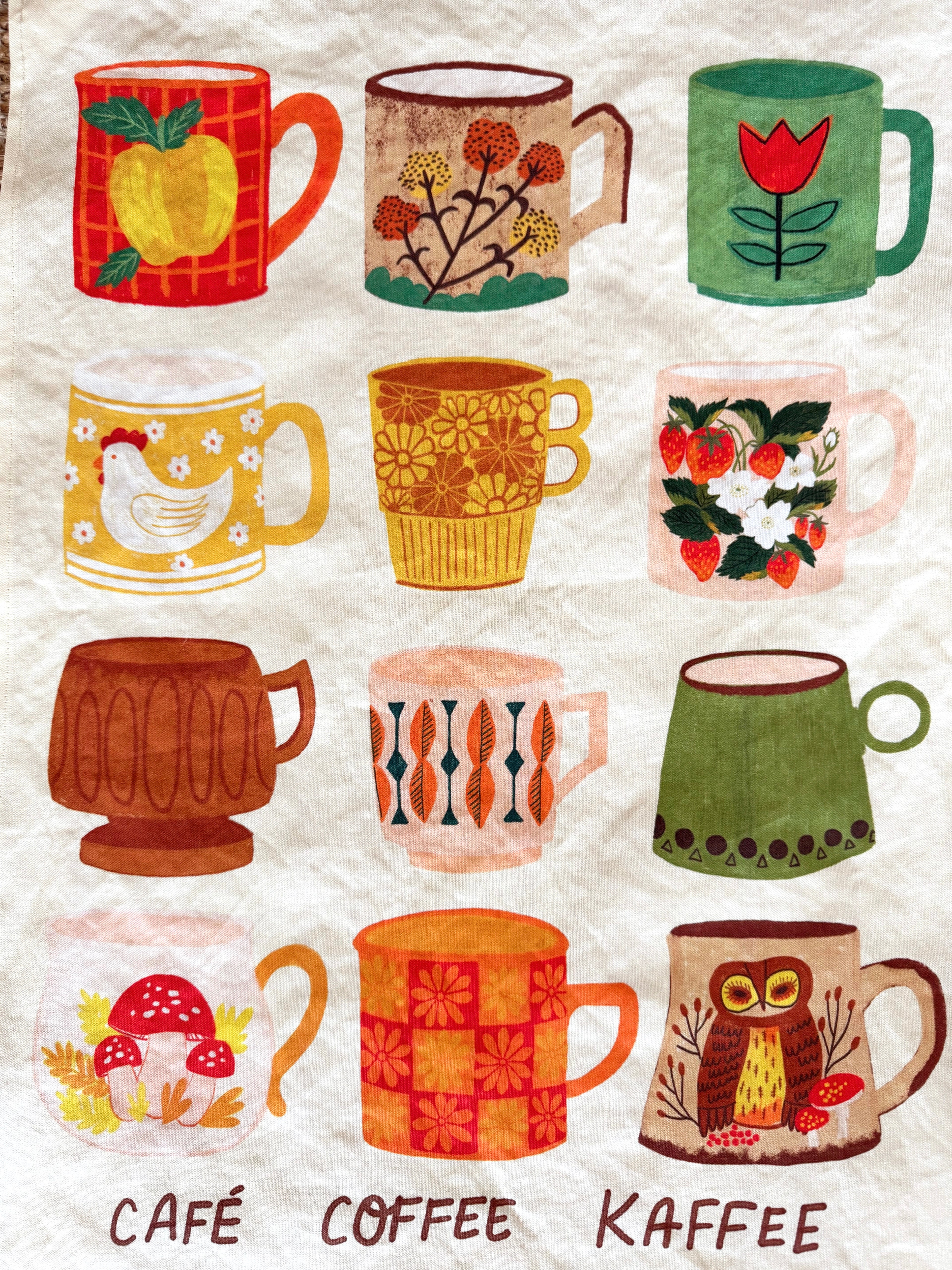 Vintage Coffee Mugs Linen Cotton Tea Towel