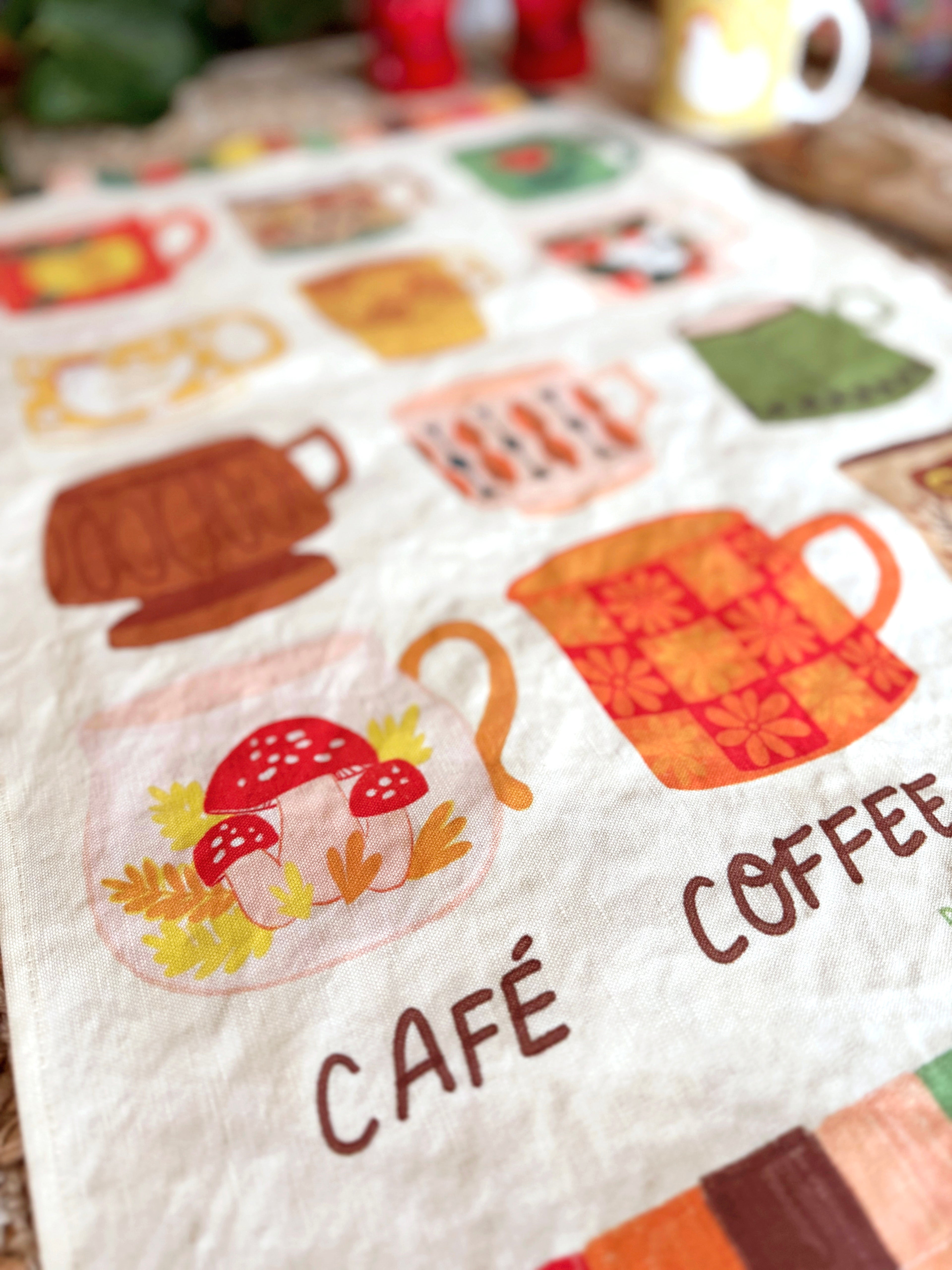 Vintage Coffee Mugs Linen Cotton Tea Towel