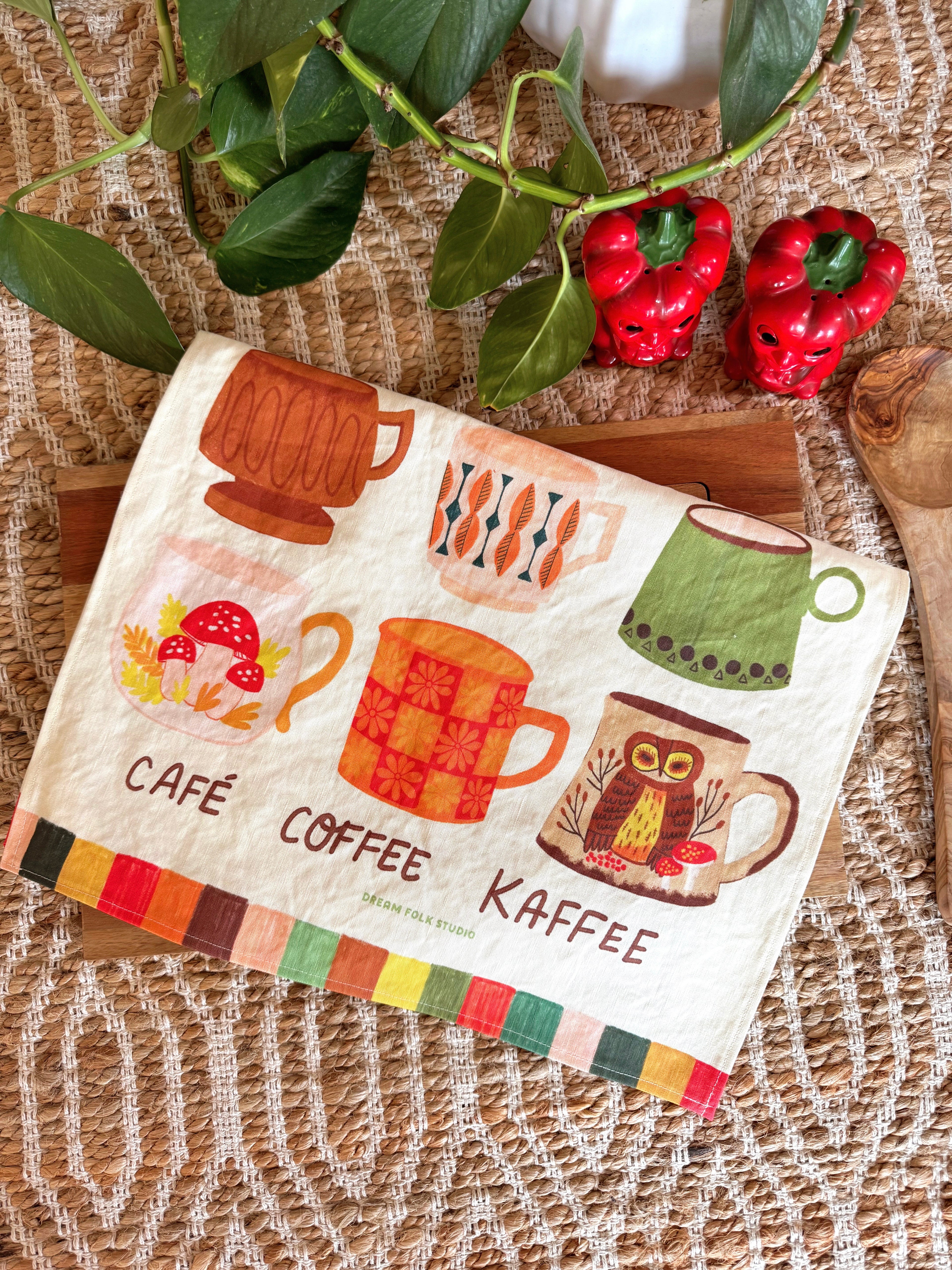 Vintage Coffee Mugs Linen Cotton Tea Towel