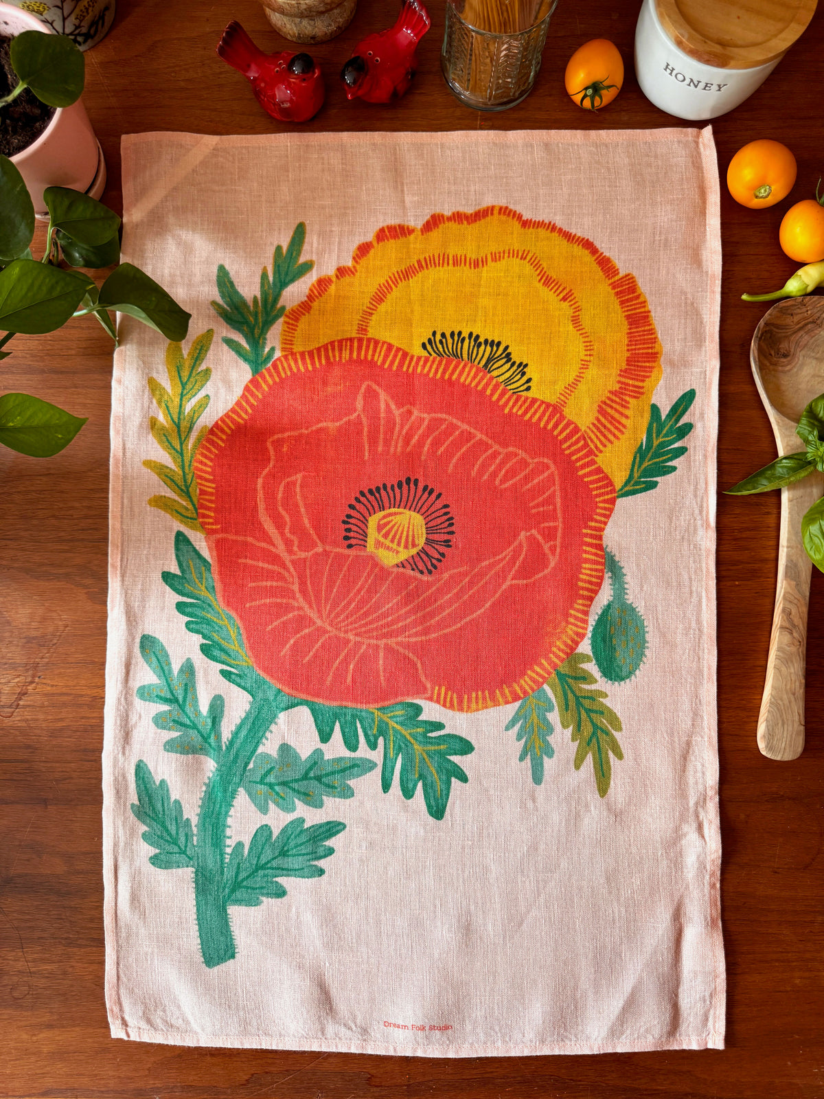 Garden Poppies 100% Stone Washed European Linen Tea Towel