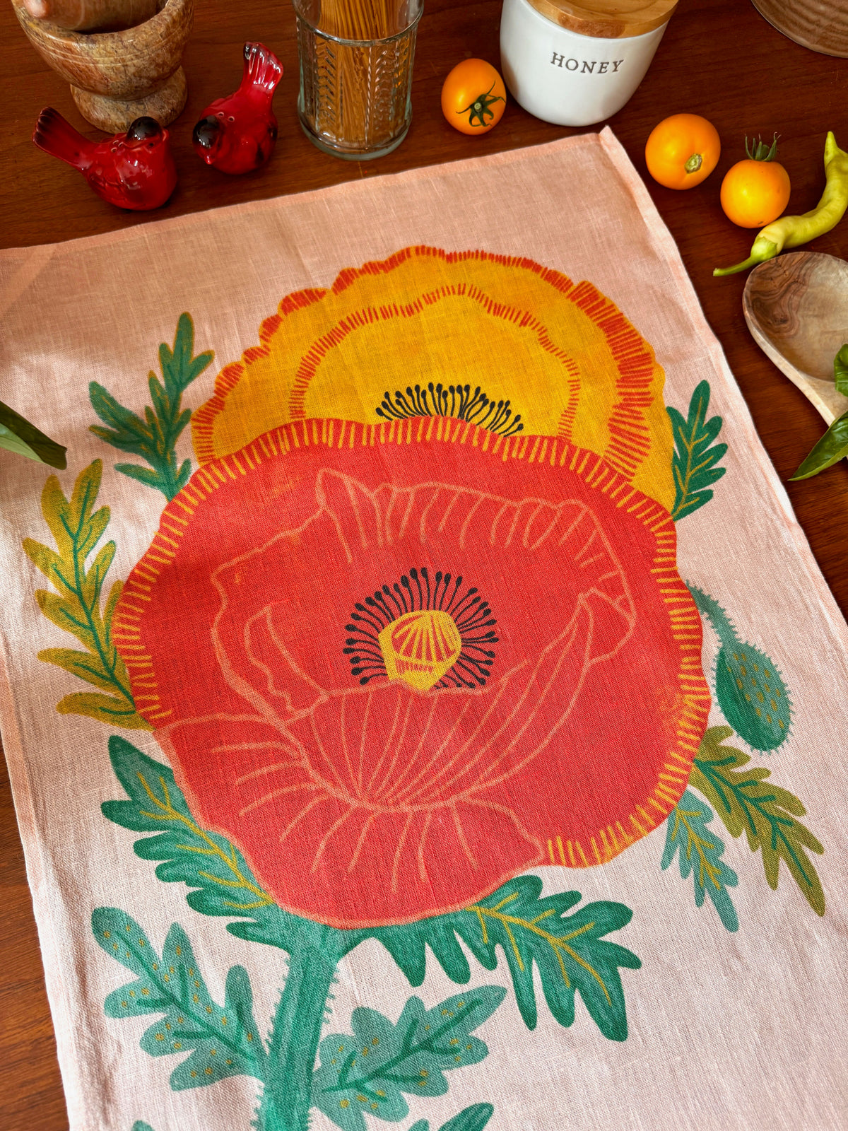 Garden Poppies 100% Stone Washed European Linen Tea Towel