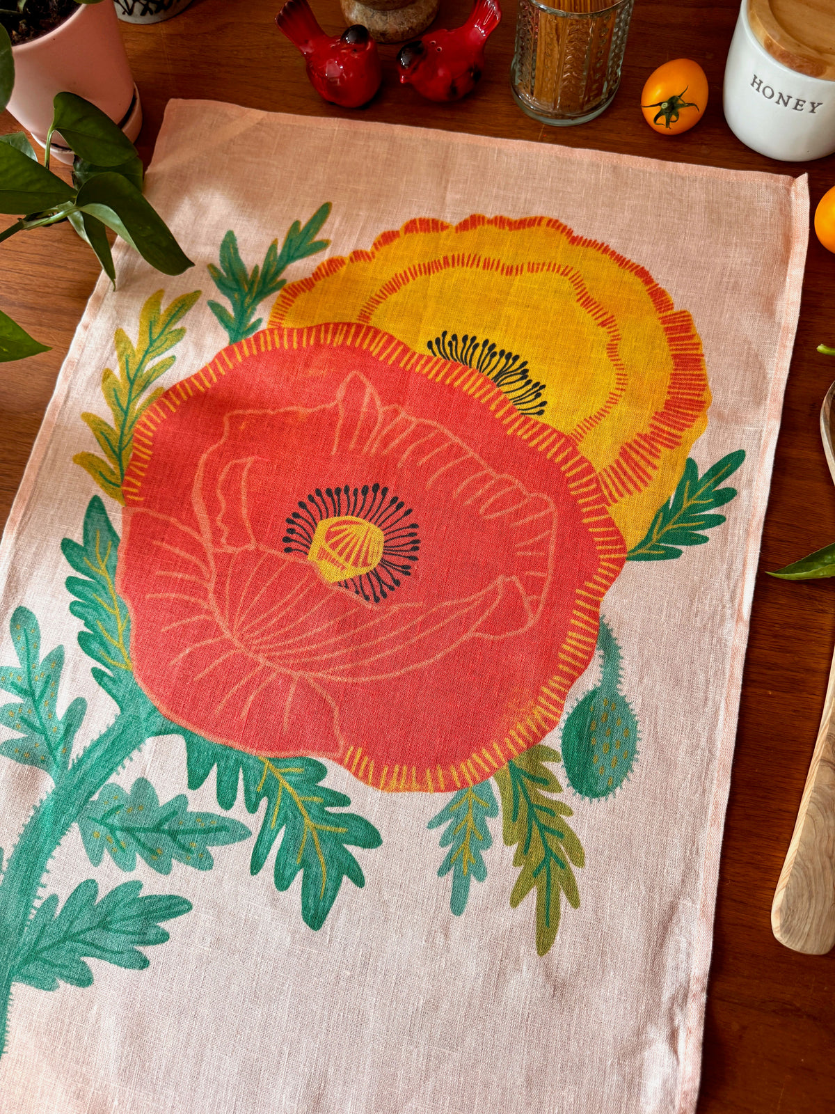 Garden Poppies 100% Stone Washed European Linen Tea Towel