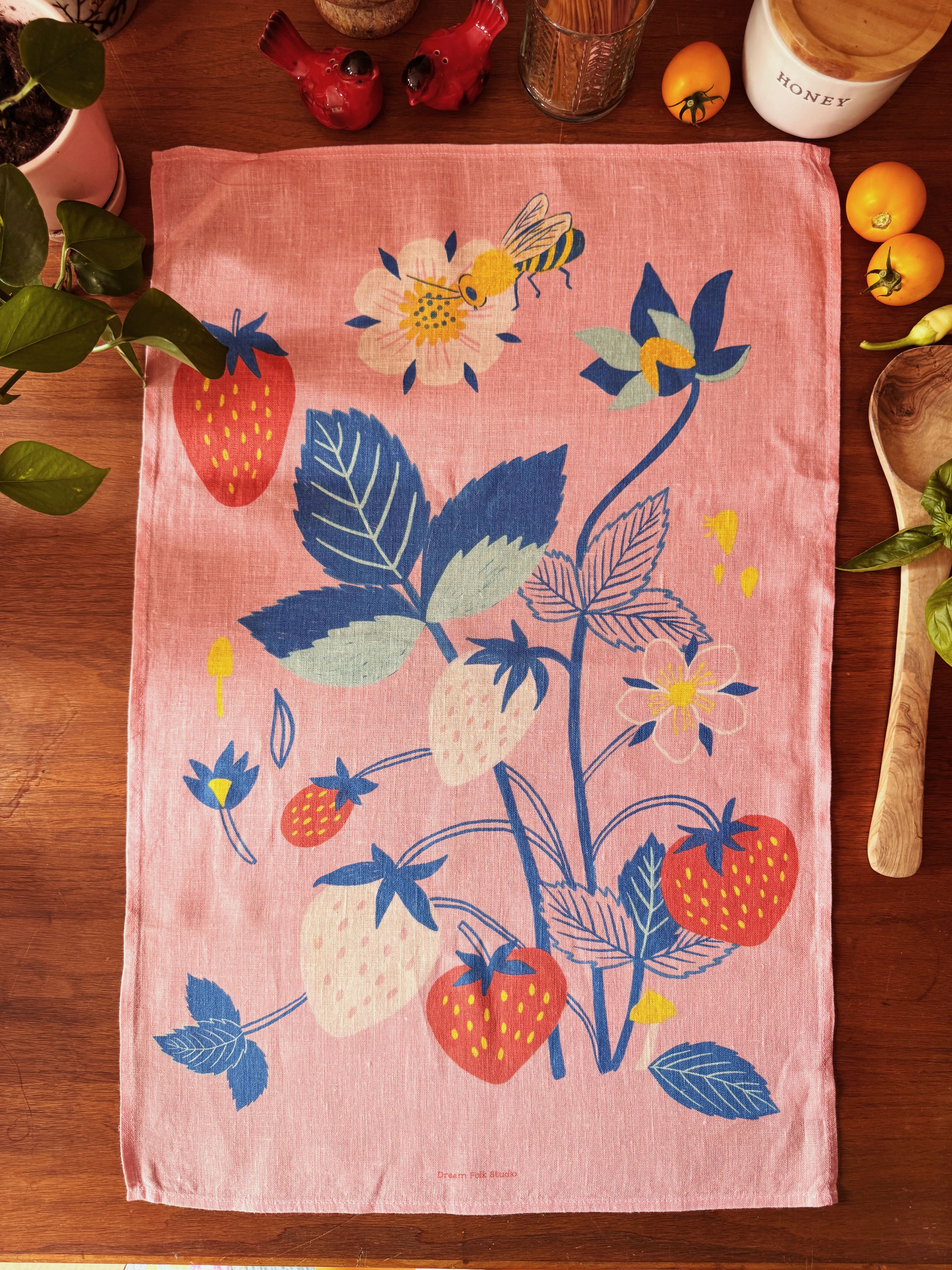 Fresh Strawberries 100% Stone Washed European Linen Tea Towel