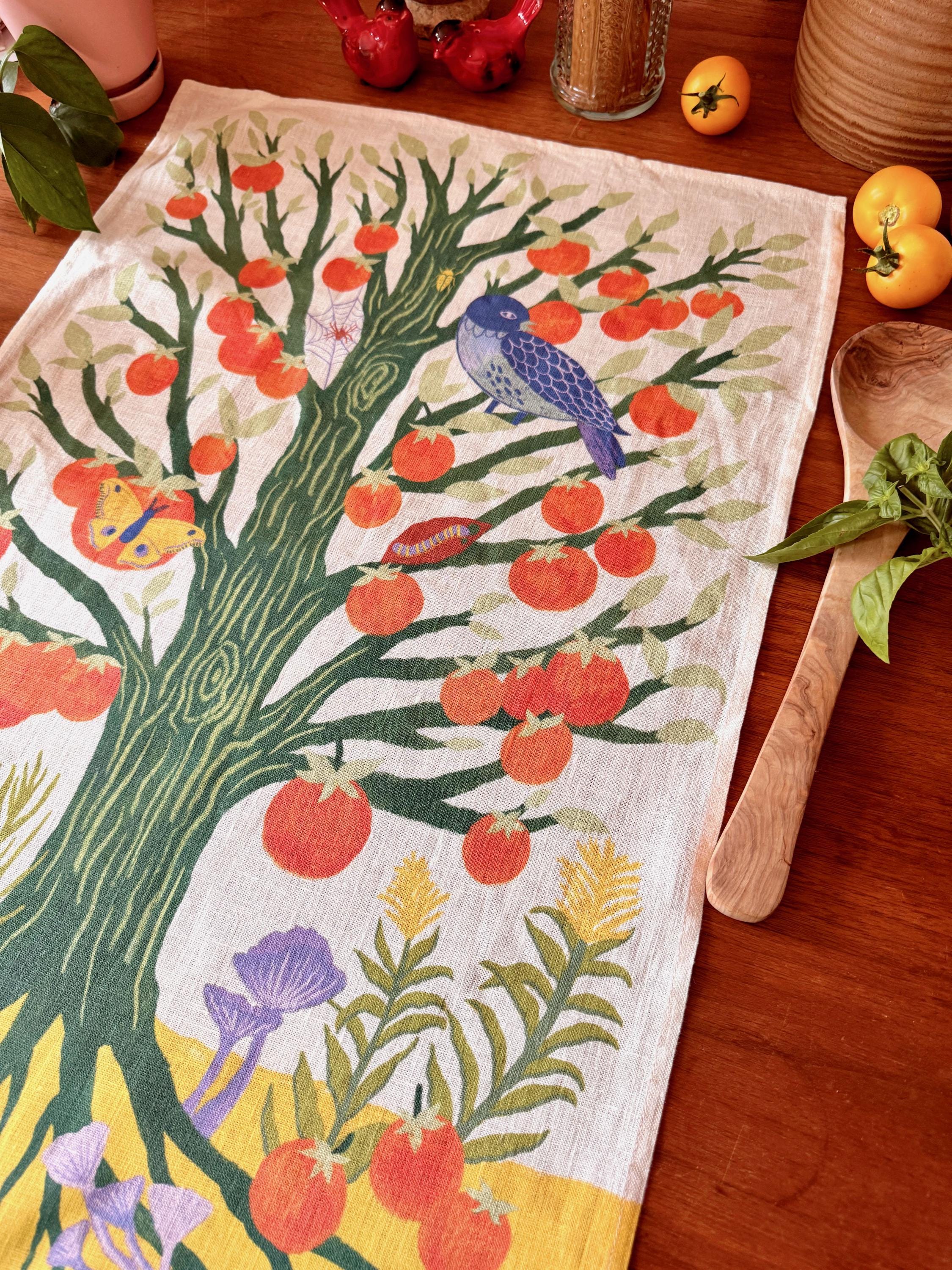 Persimmon Tree Linen Tea Towel, Botanical Kitchen Cloth, Woodland Nature Gift