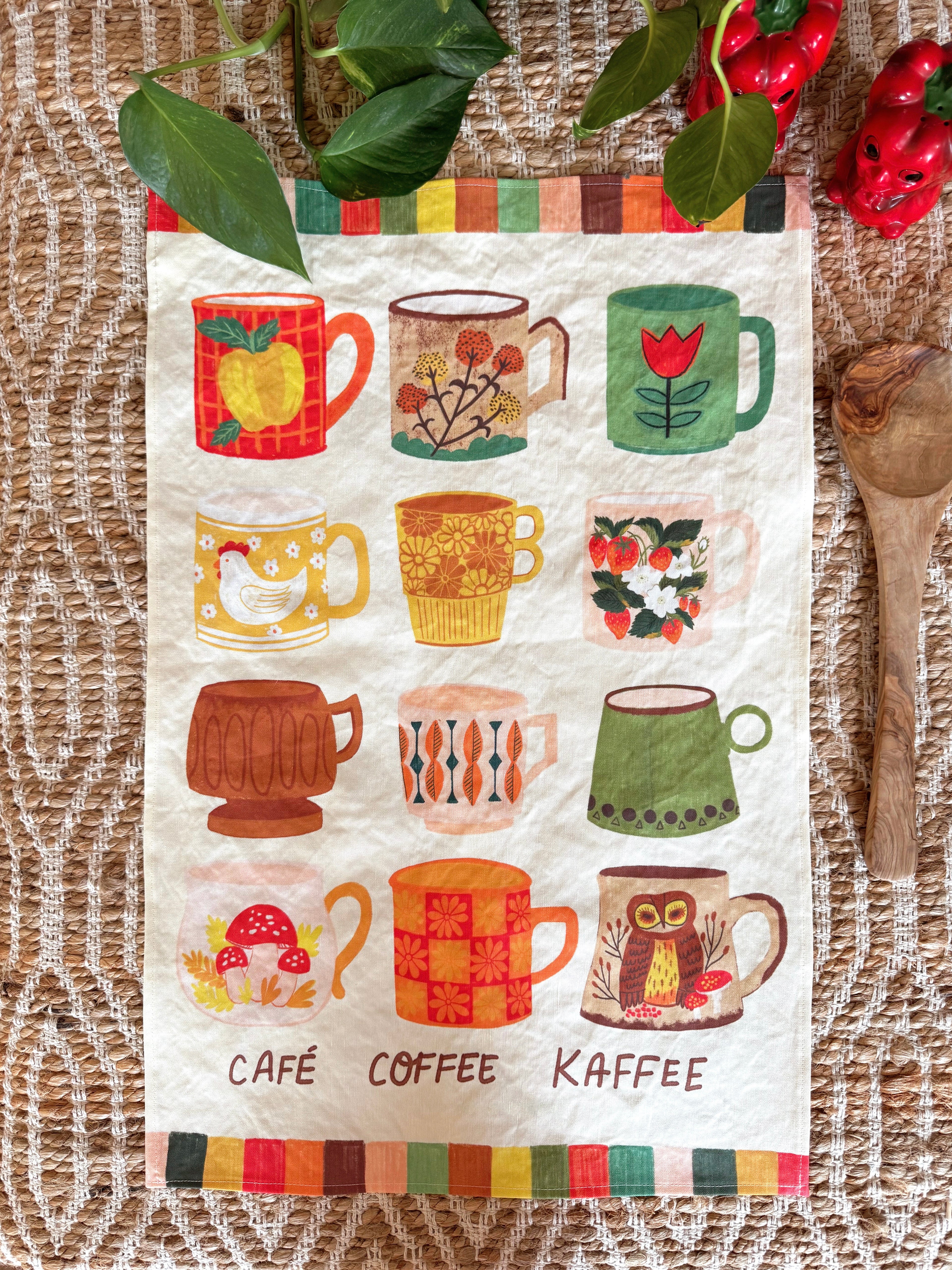 Vintage Coffee Mugs Linen Cotton Tea Towel
