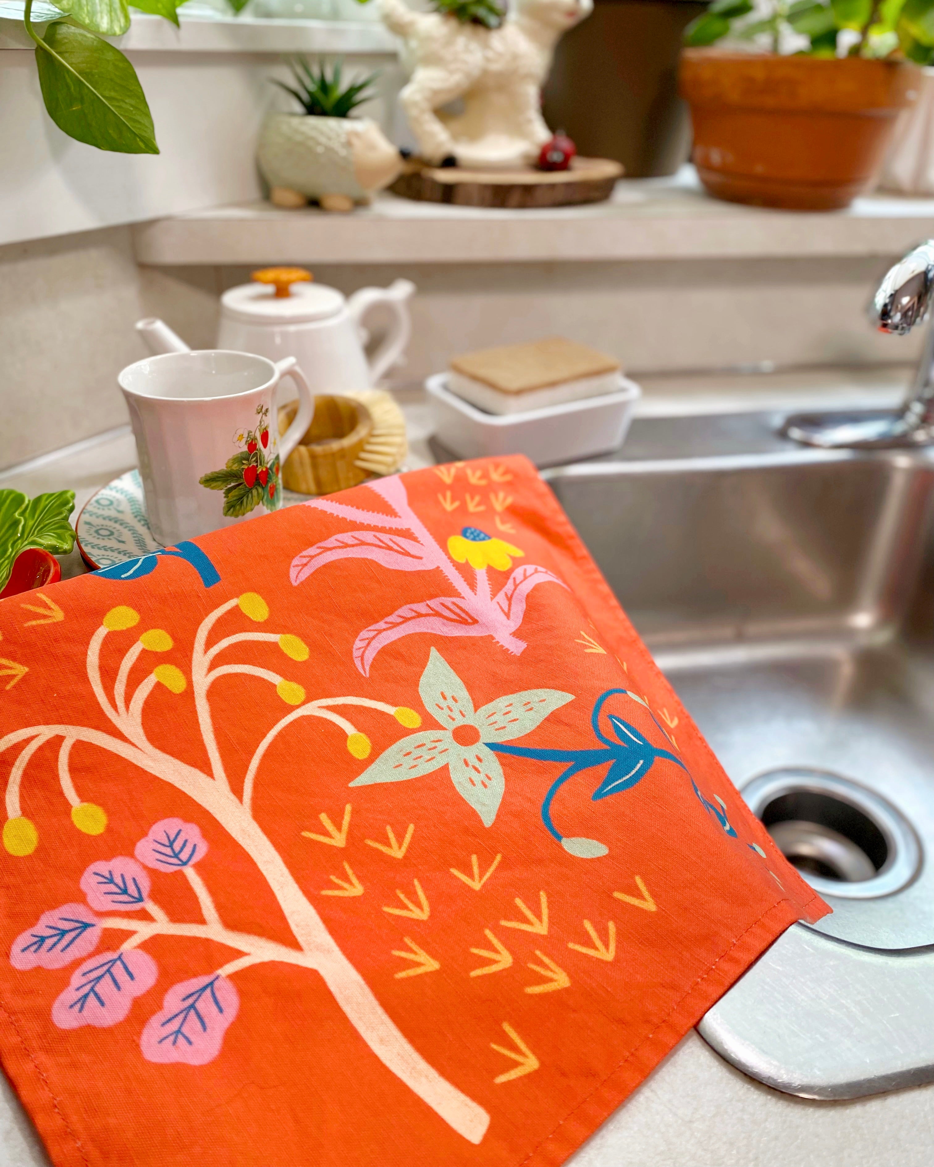 Coral Red Wildflowers Tea Towel