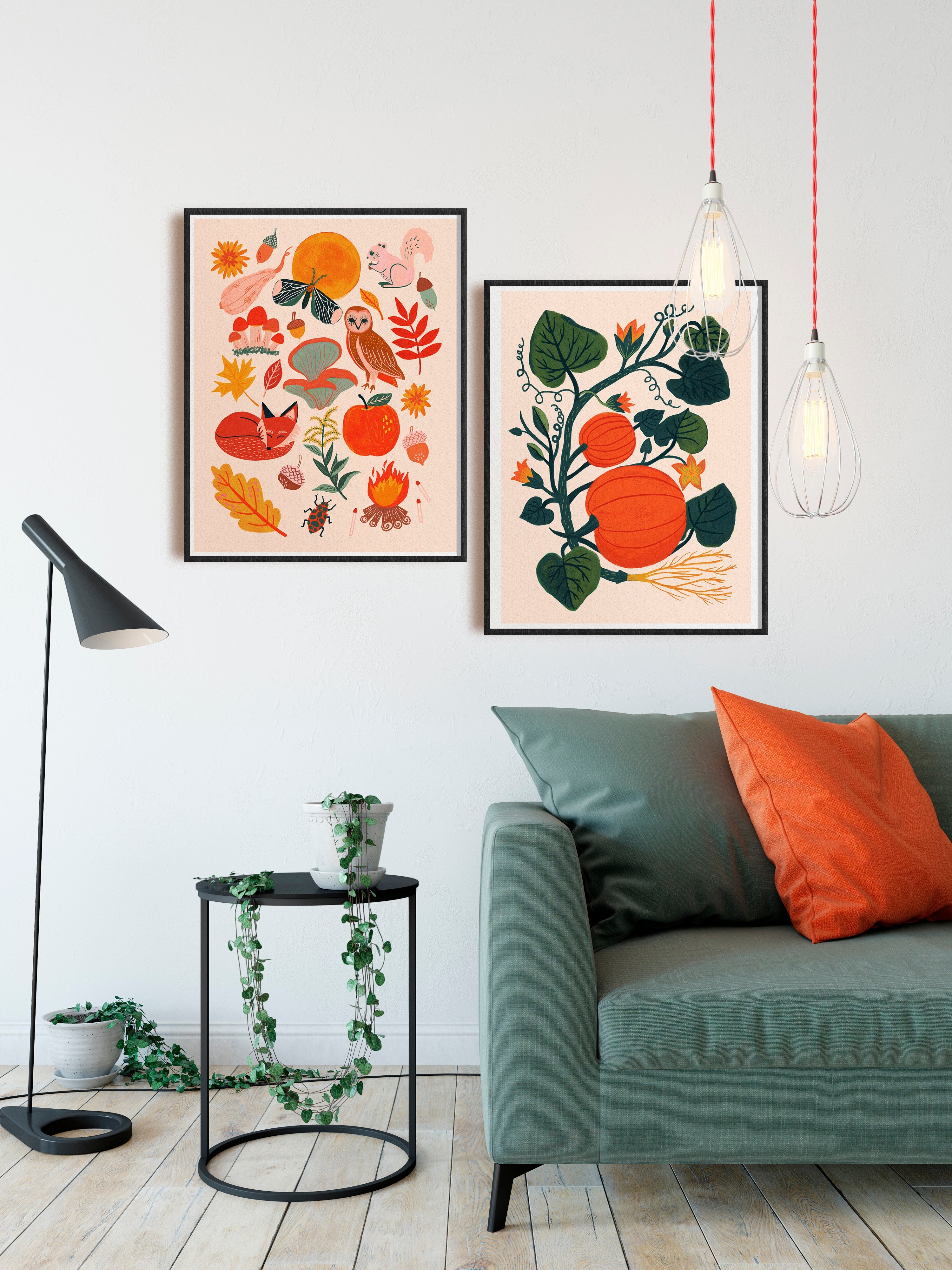 autumn art print, fall wall decor, squirrel, acorns, moth & harvest moon, owl, apples, campire, mushrooms, fox illustrations, pumpkin art print
