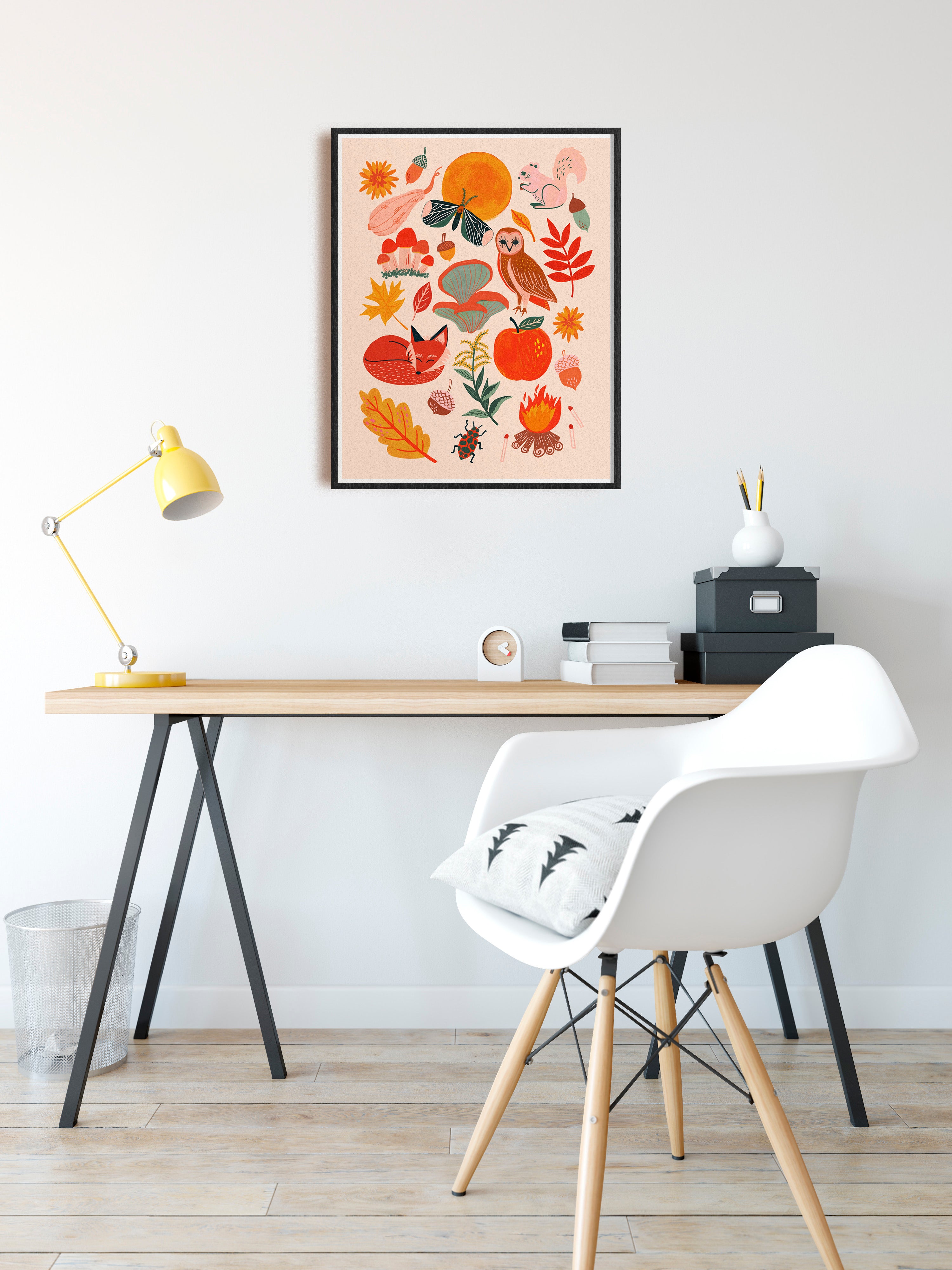 autumn art print, fall wall decor, squirrel, acorns, moth & harvest moon, owl, apples, campire, mushrooms, fox illustrations