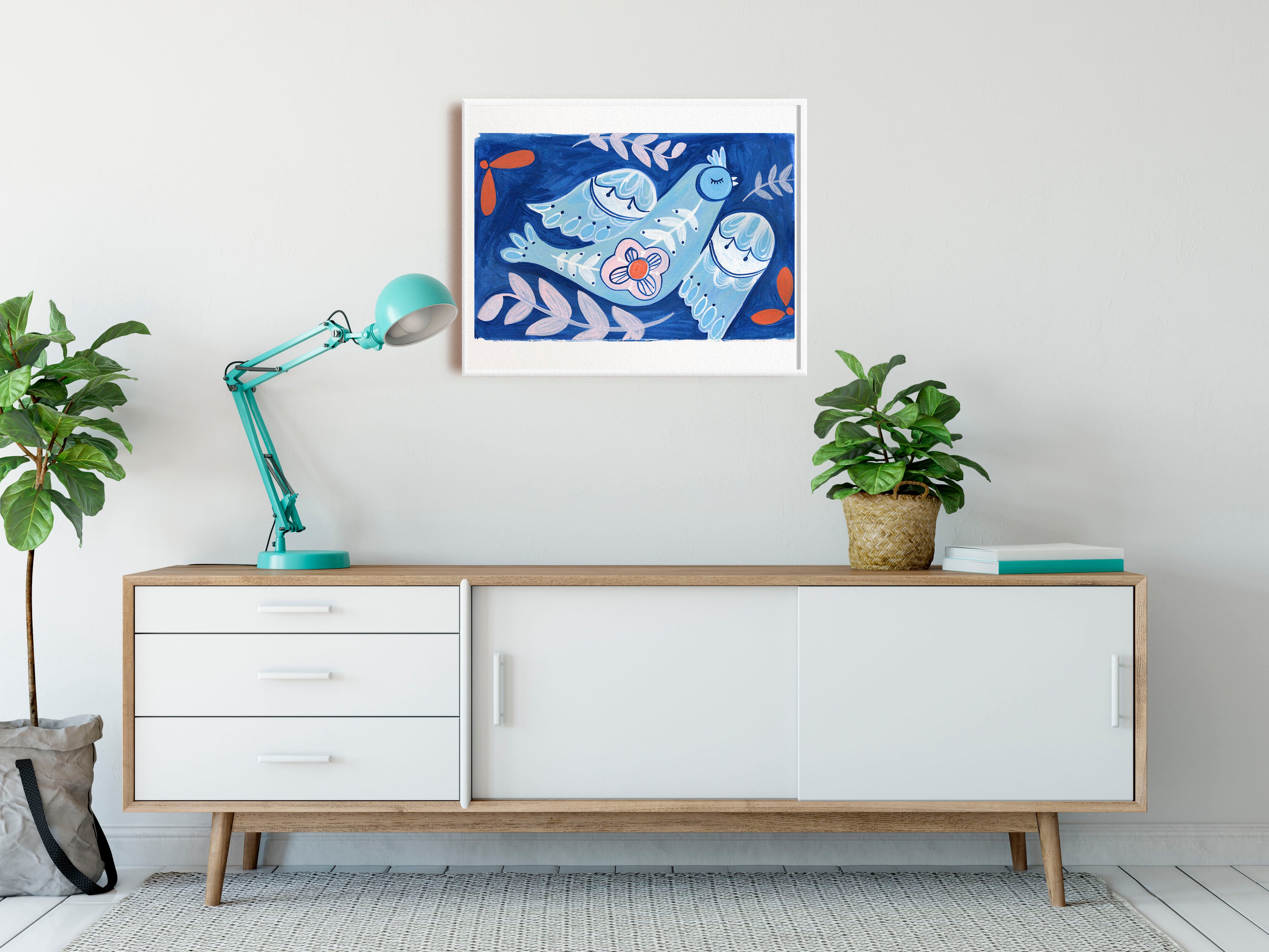 Blue Folk Bird - Art Print