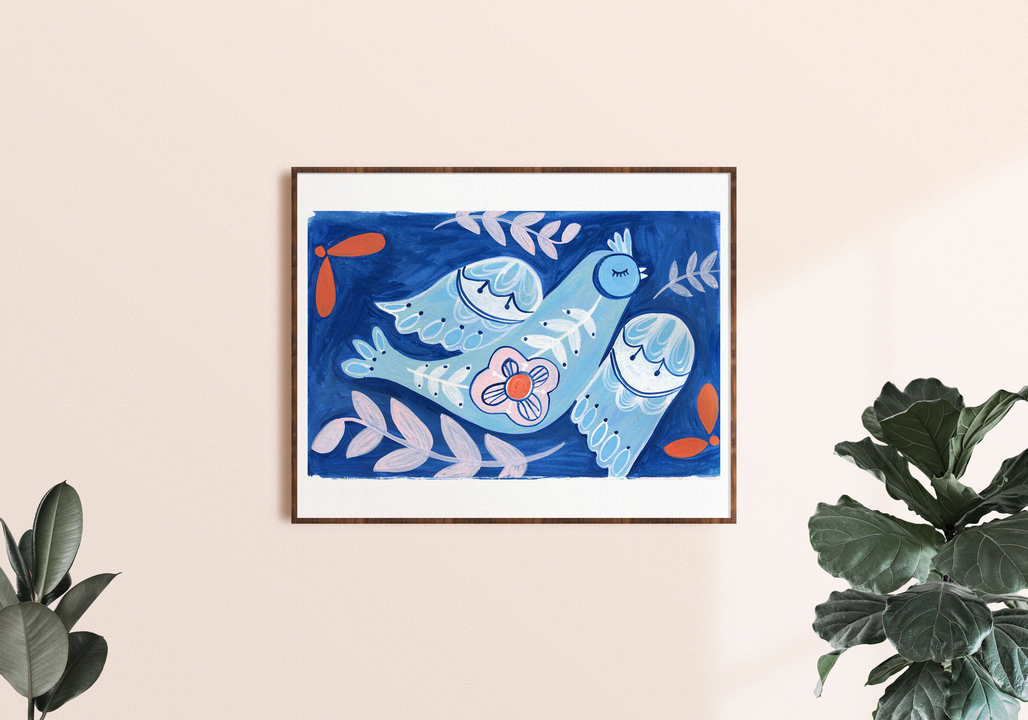 Blue Folk Bird - Art Print