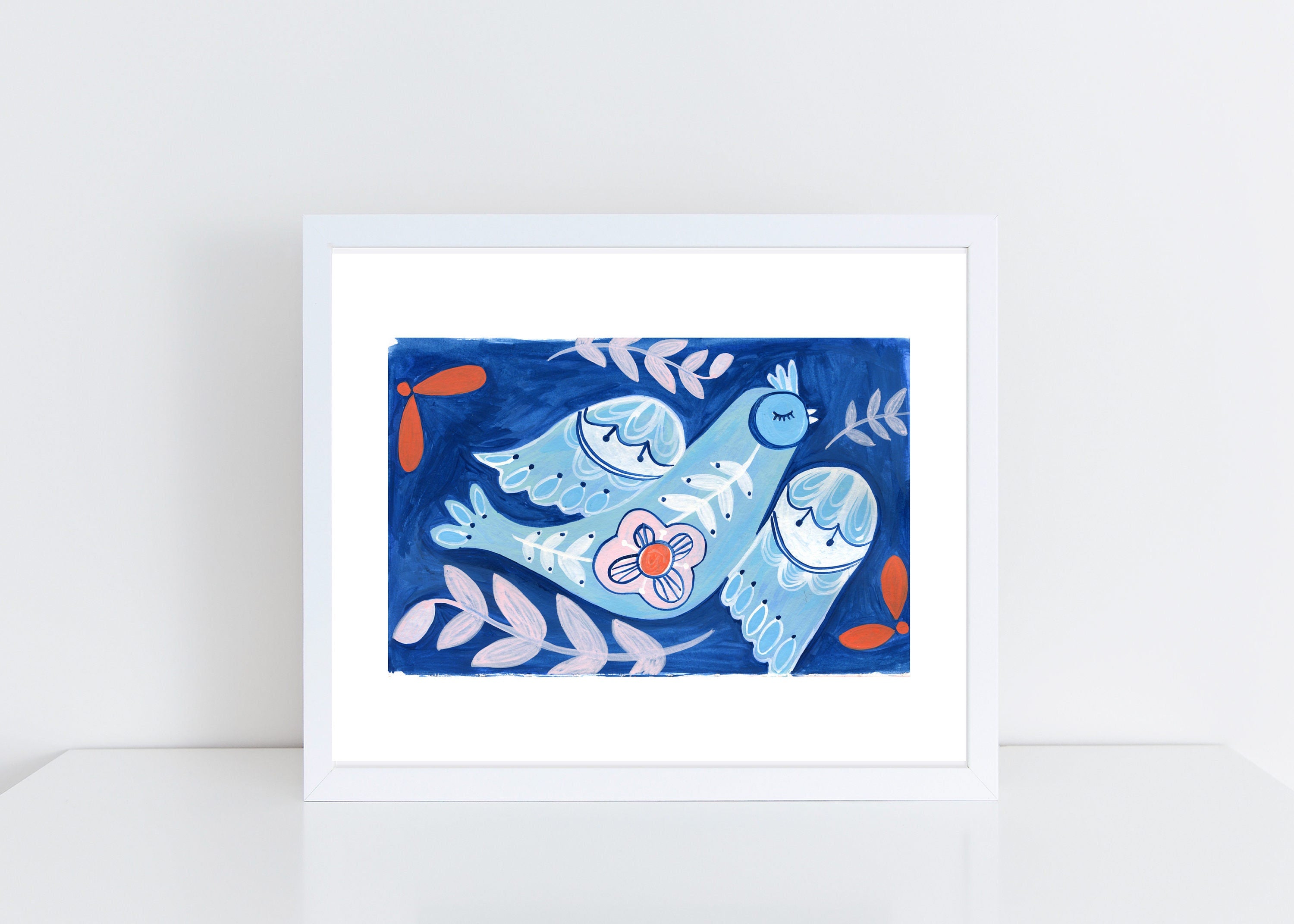 Blue Folk Bird - Art Print