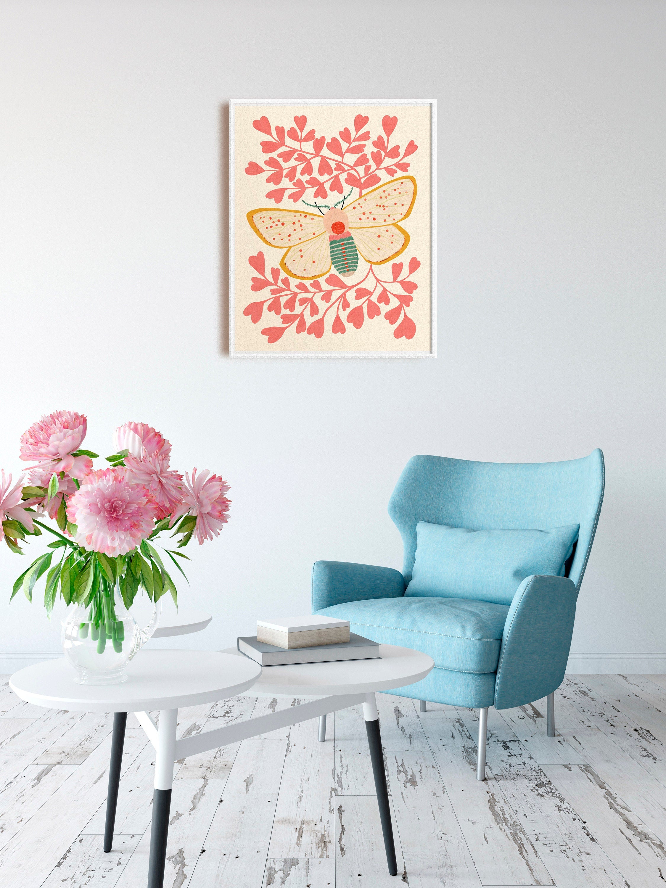 Moth with Pink Leaves - Art Print