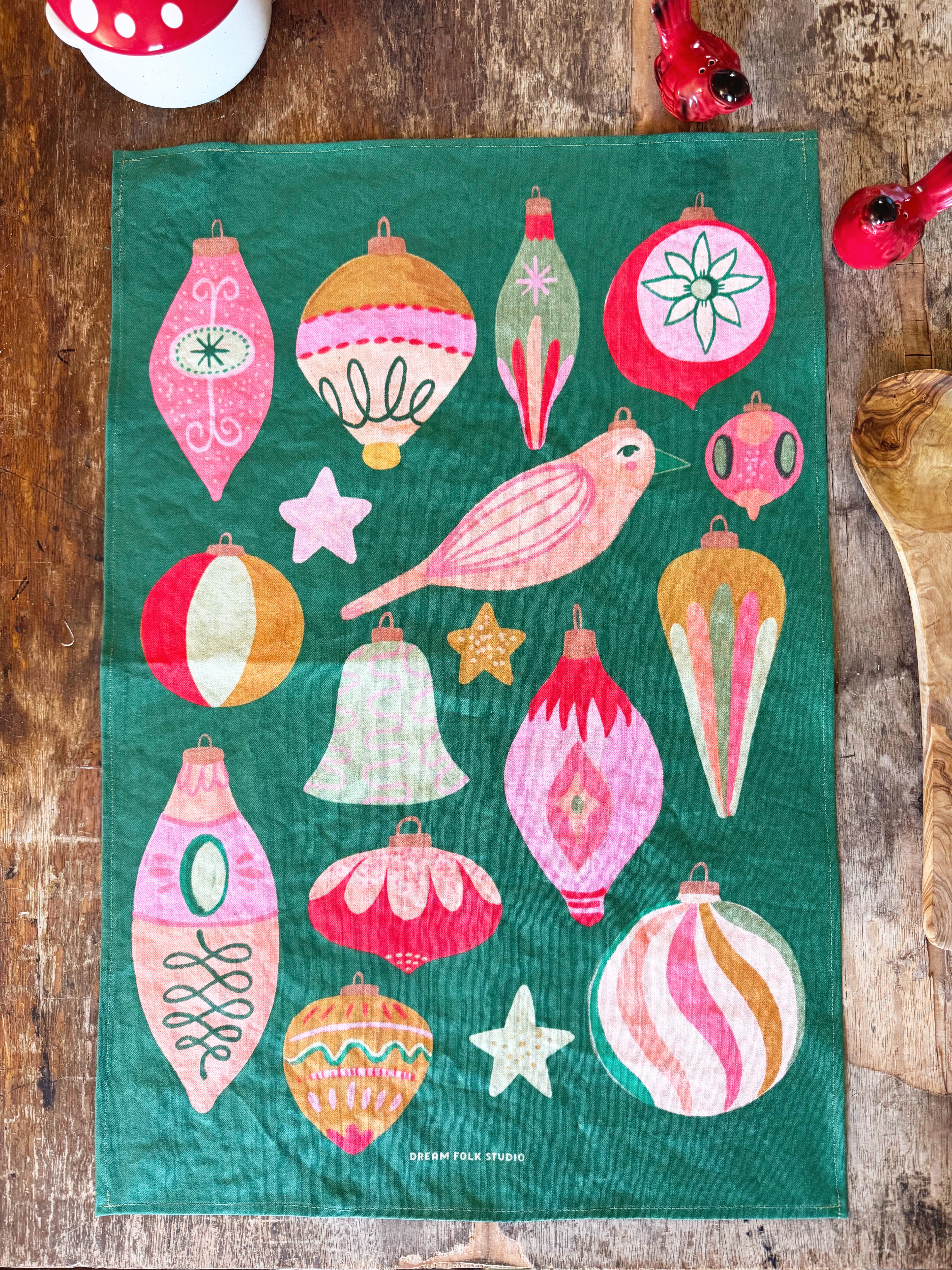 Retro Christmas Ornaments - Tea Towel