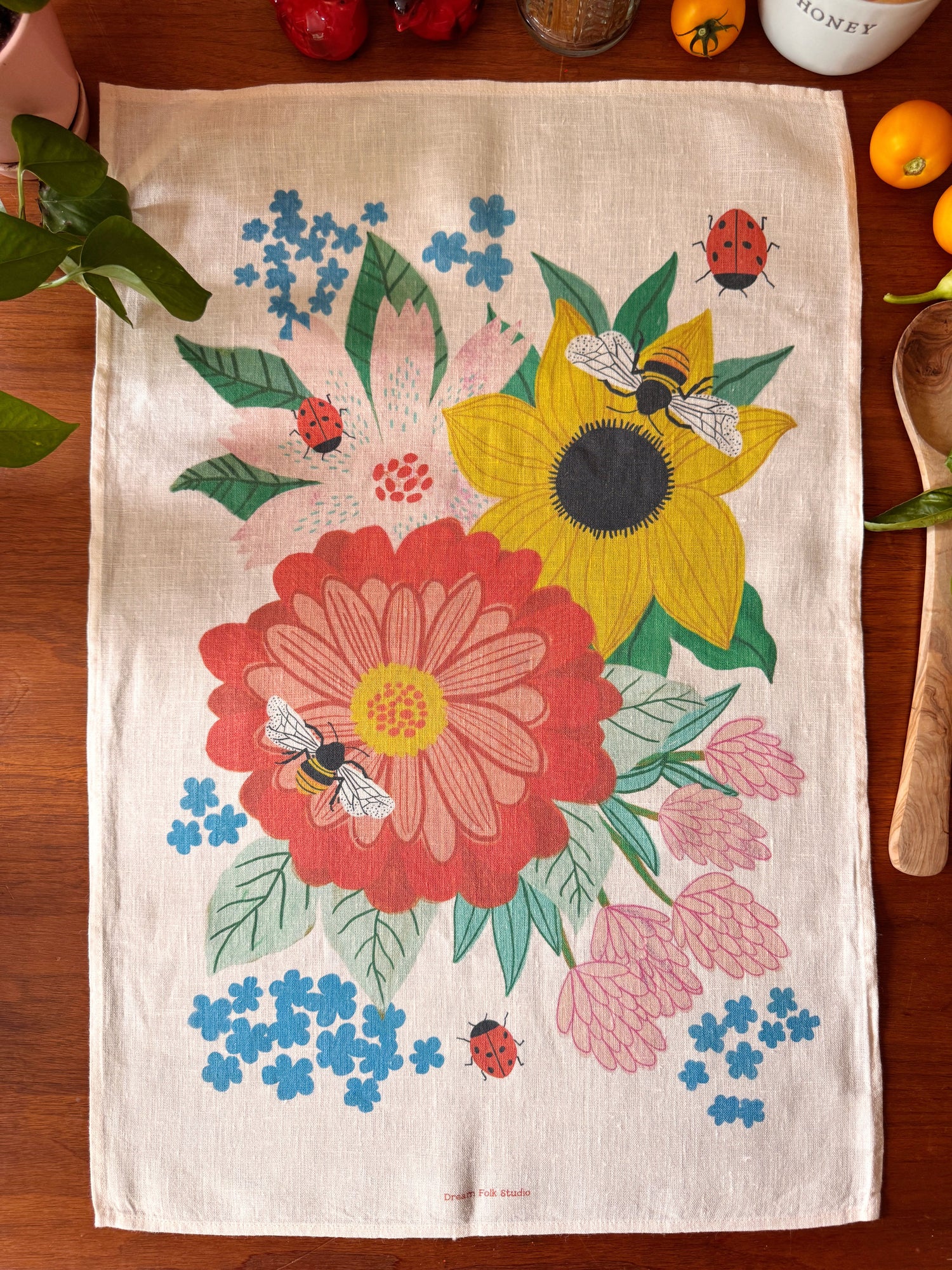 Pollinator Garden 100% Stone Washed European Linen Tea Towel