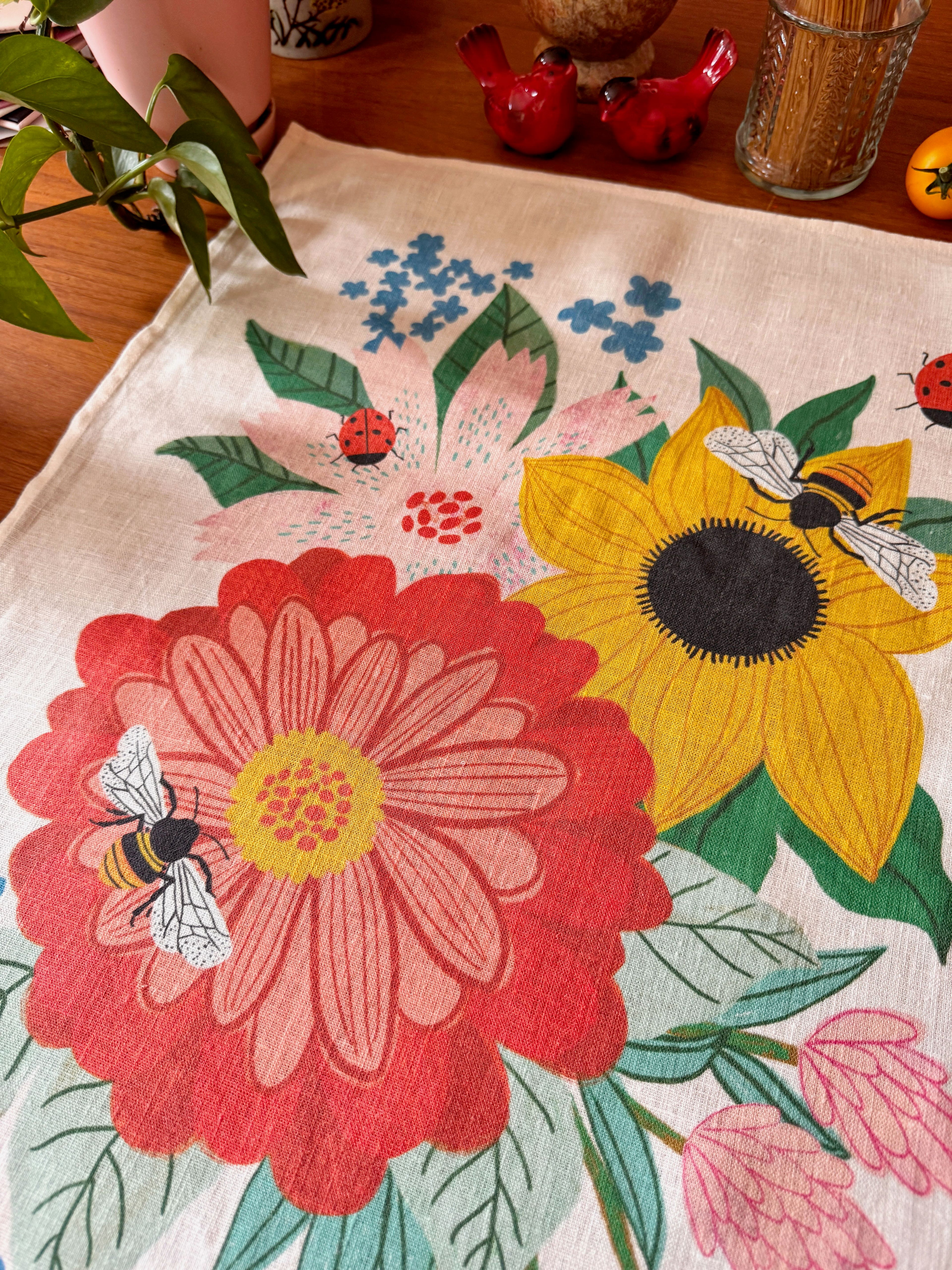 Pollinator Garden 100% Stone Washed European Linen Tea Towel