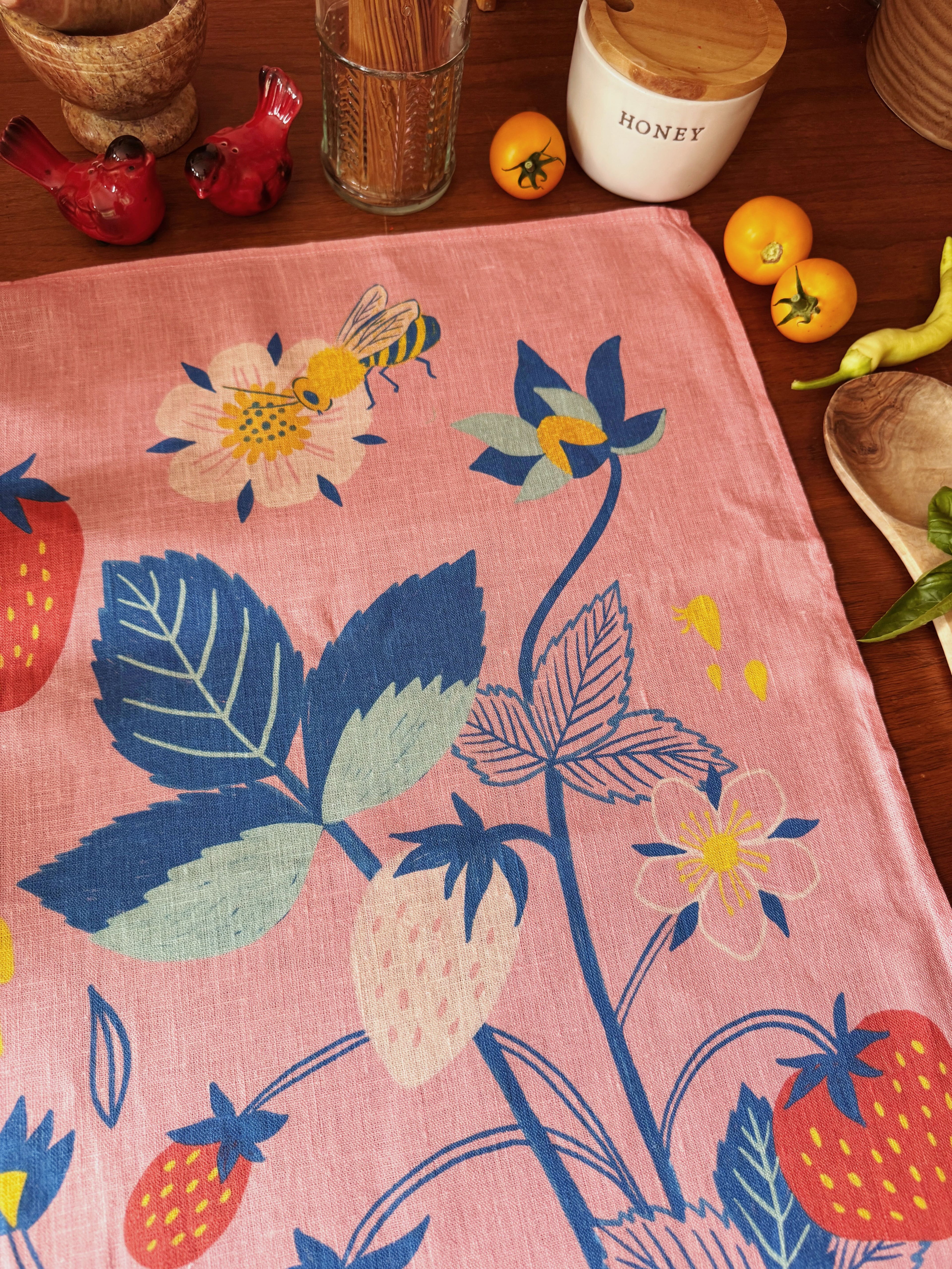 Fresh Strawberries 100% Stone Washed European Linen Tea Towel
