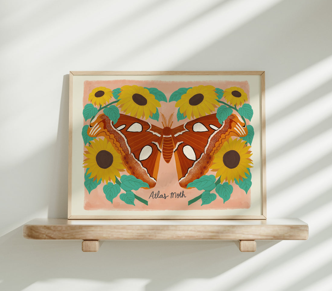 Atlas Moth and Sunflowers - Art Print