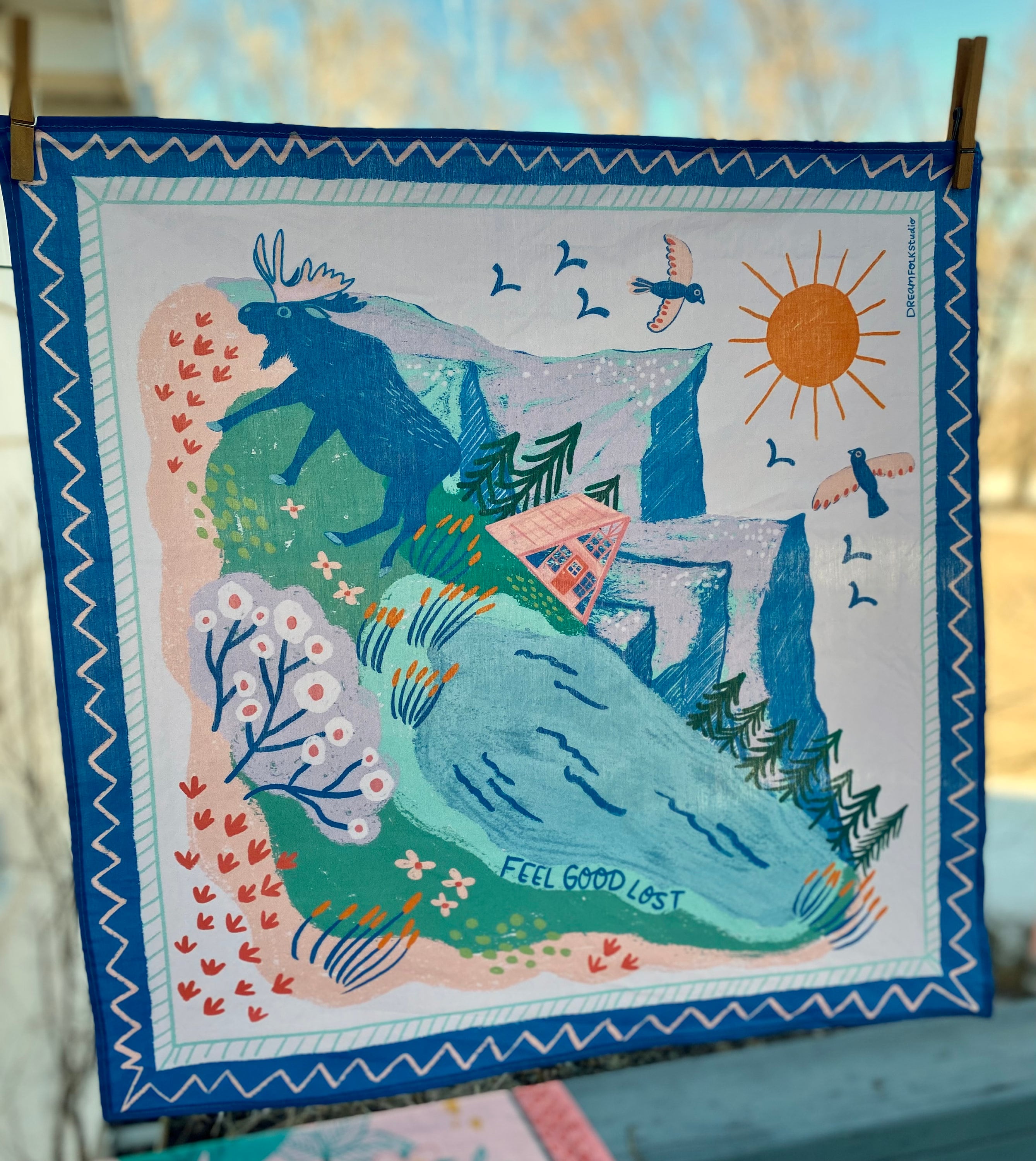 Moose Mountain Bandana, Folk Art Wilderness Scarf, Hiking Gift for Nature Lovers