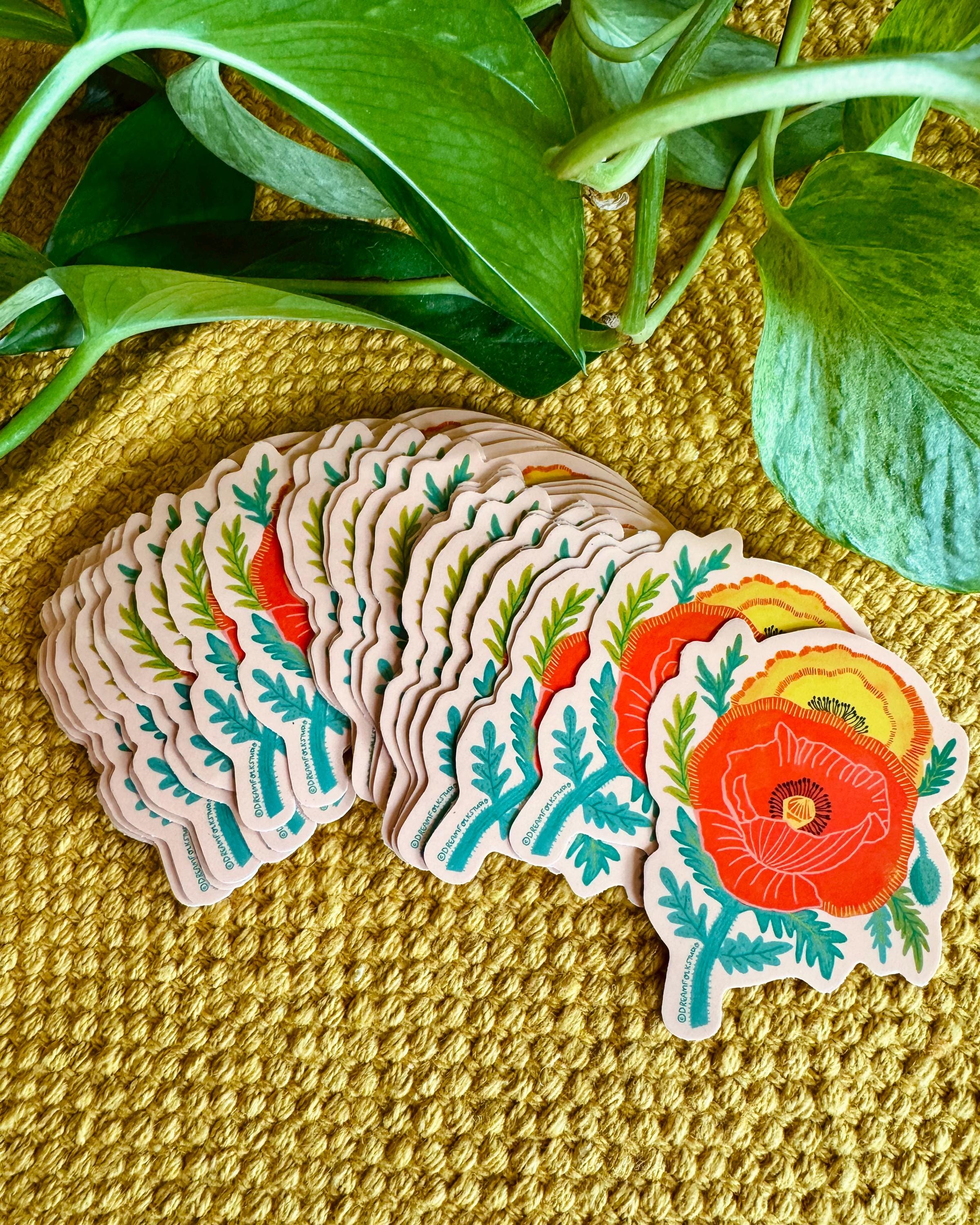 California Poppy Sticker, Flower Sticker, Water Bottle Decals, Nature Gifts, Wildflower Stickers, KIndle Decal, Plant Stickers, Laptop Decal