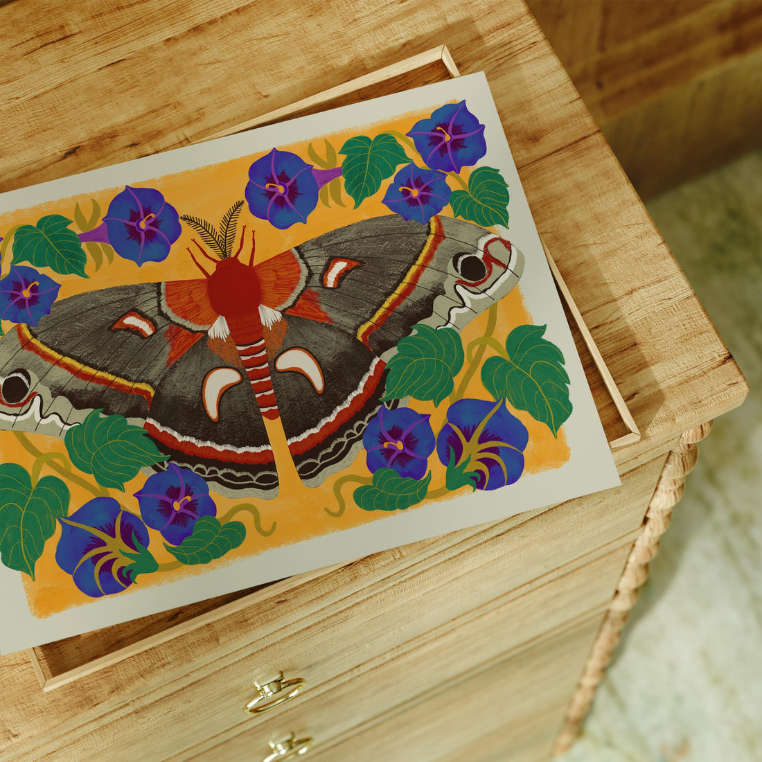 Cecropia Moth Art Print, Botanical Insect Wall Art, Folk Nature Illustration