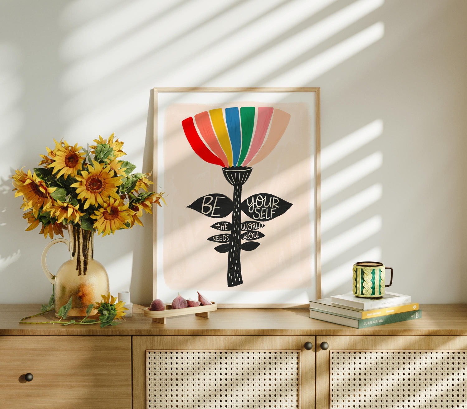 Be Yourself Print, Motivational Wall Art, Colorful Folk Art Flower, Positive Affirmation Decor, Self Love Gift