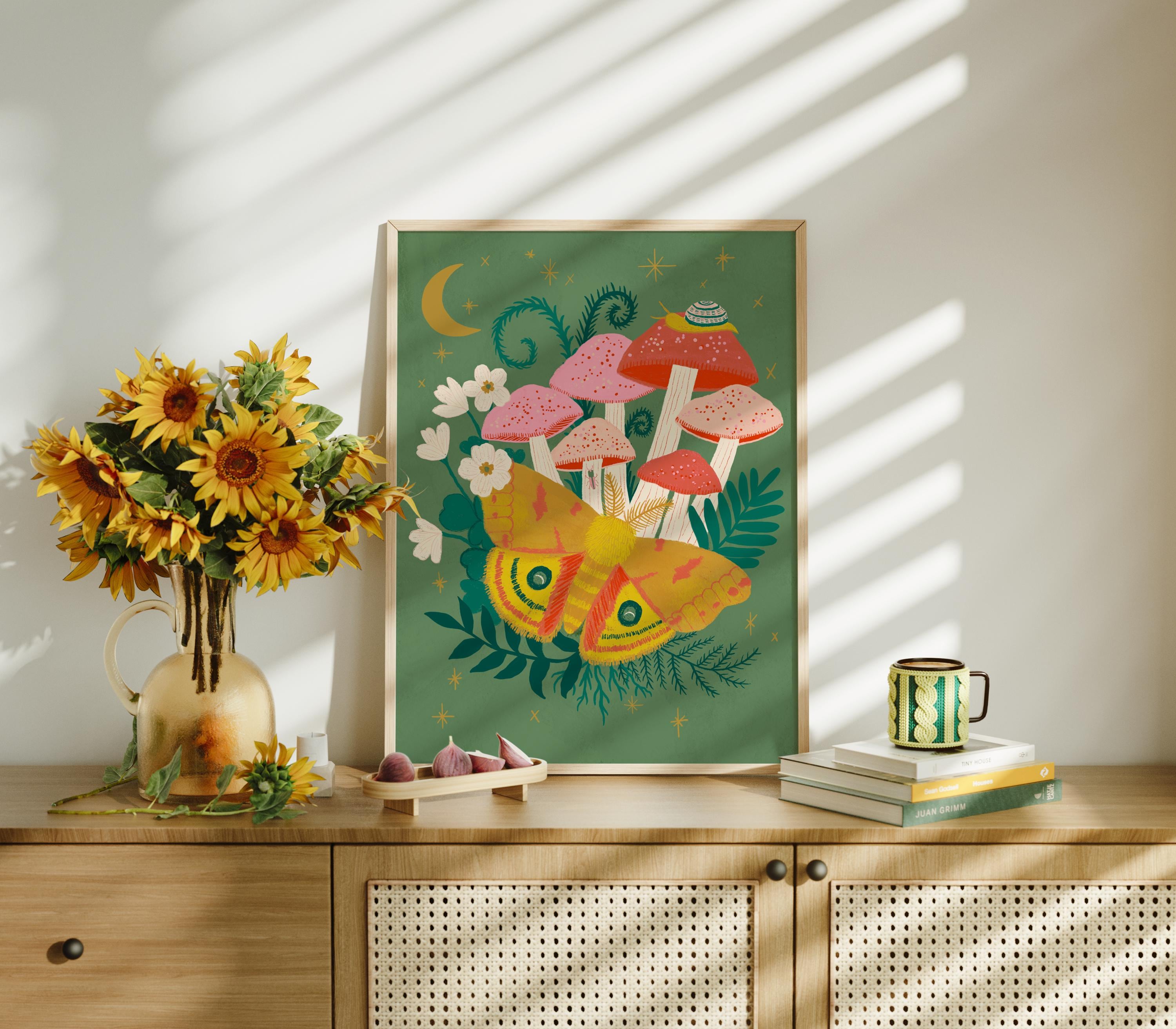 Io Moth and Mushroom Art Print | Cottagecore Forest Wall Decor