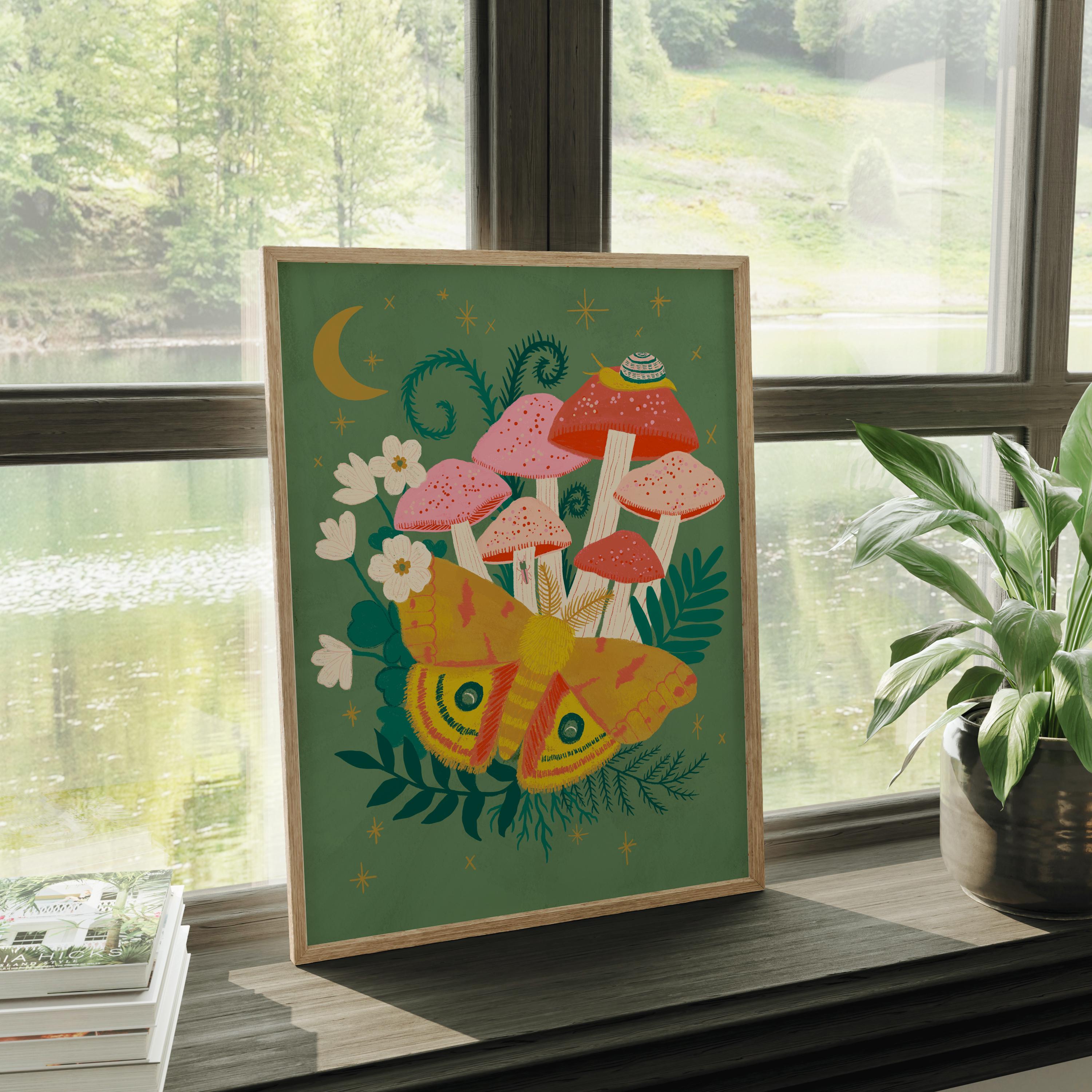 Io Moth and Mushroom Art Print | Cottagecore Forest Wall Decor