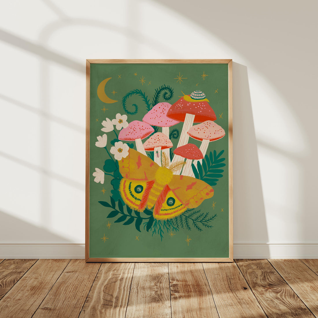 Io Moth and Mushroom Art Print | Cottagecore Forest Wall Decor