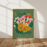 Io Moth and Mushroom Art Print | Cottagecore Forest Wall Decor
