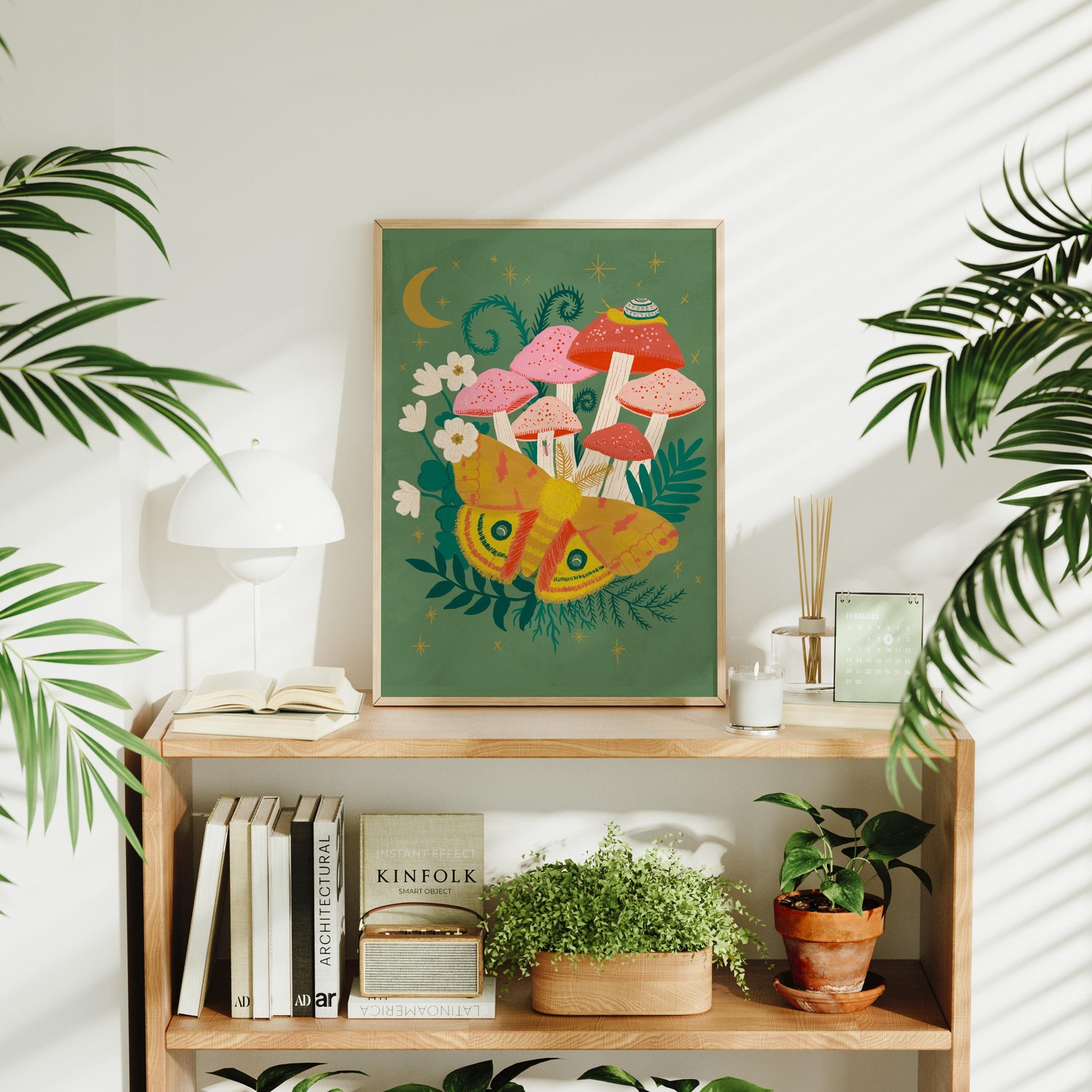 Io Moth and Mushroom Art Print | Cottagecore Forest Wall Decor