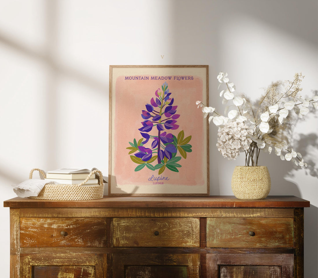 Lupine Botanical Print, Mountain Meadow Flowers, Wildflower Wall Art, Cottagecore Decor