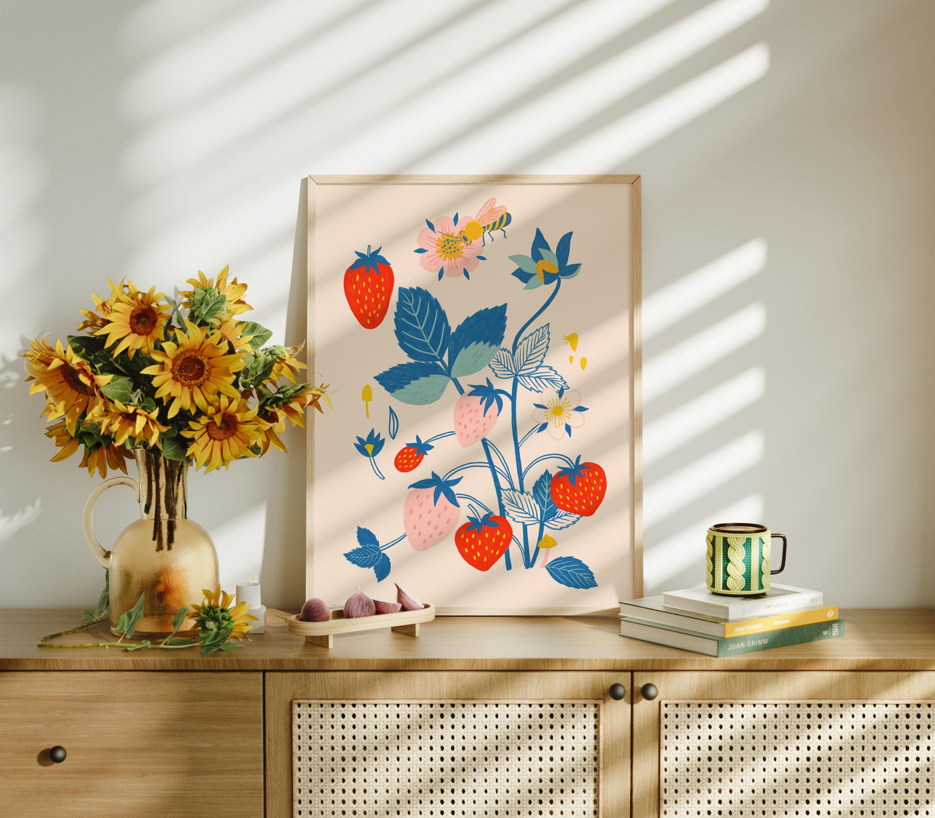 Strawberry Plant Print, Pollinator Art, Bee Botanical, Gardener Gift