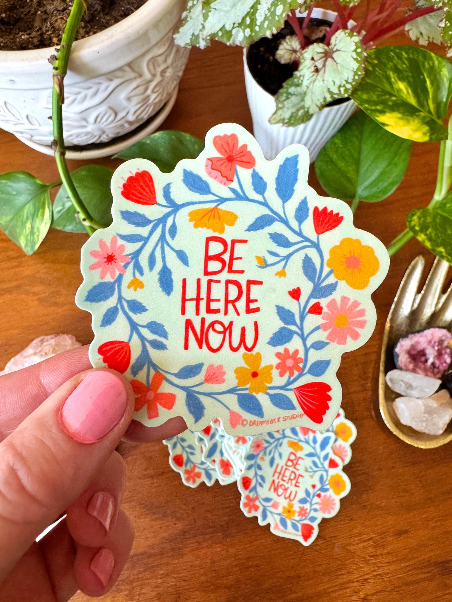 Be Here Now Sticker, Mindfulness Vinyl Decal, Floral Laptop Water Bottle Gift