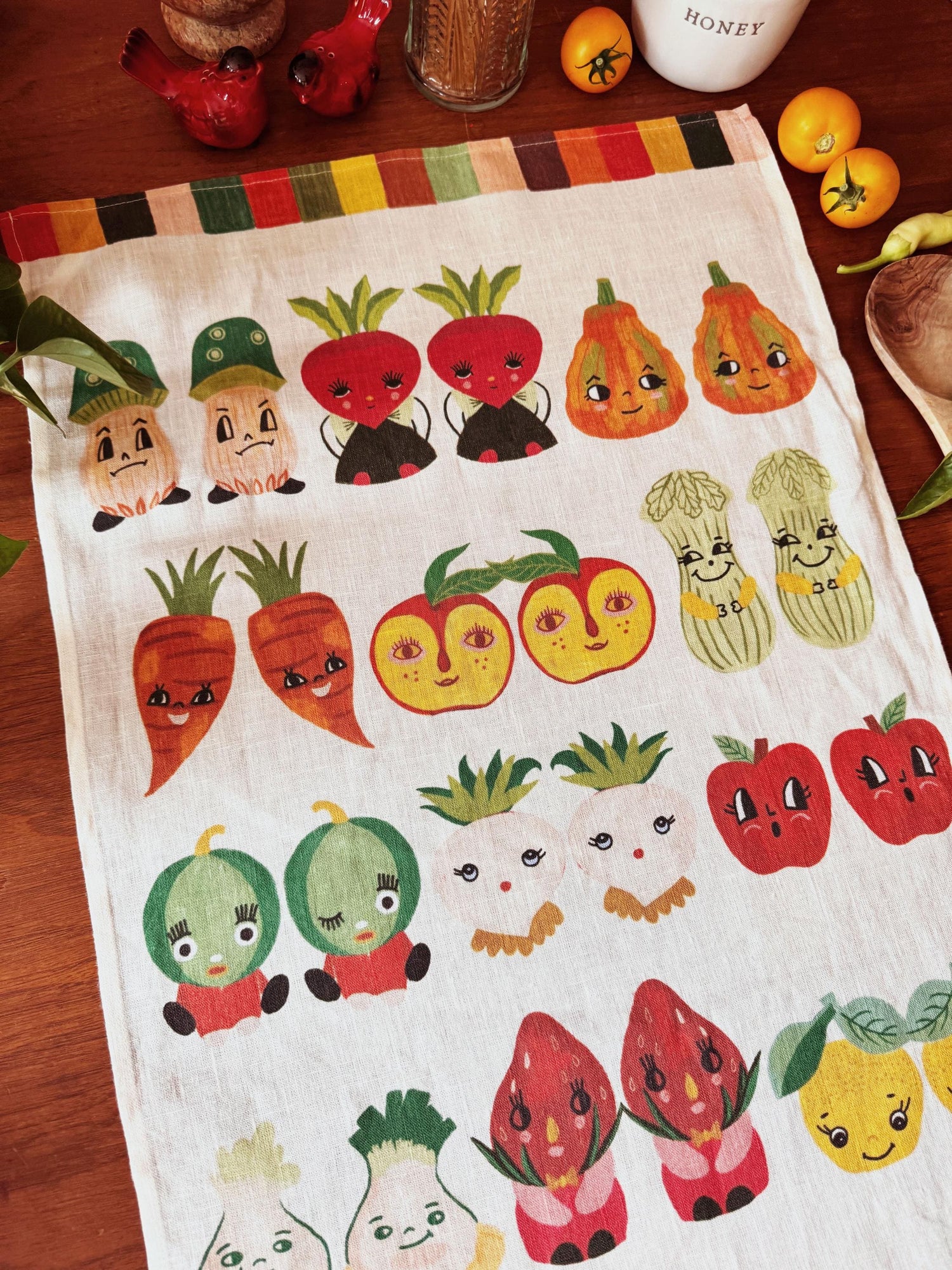 Retro Vegetable Tea Towel, Folk Art Kitchen Cloth, Colorful Linen Home Decor