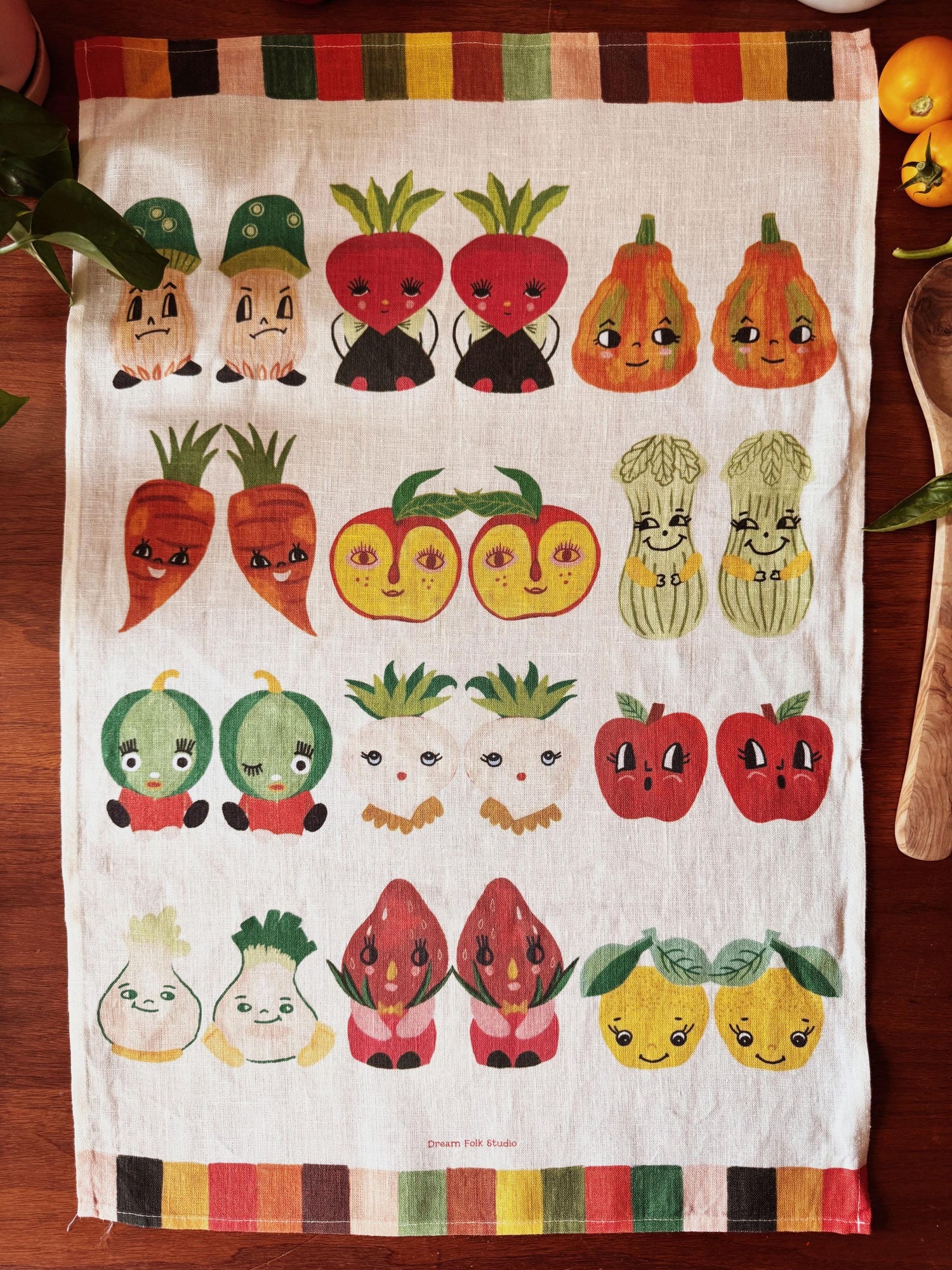 Retro Vegetable Tea Towel, Folk Art Kitchen Cloth, Colorful Linen Home Decor
