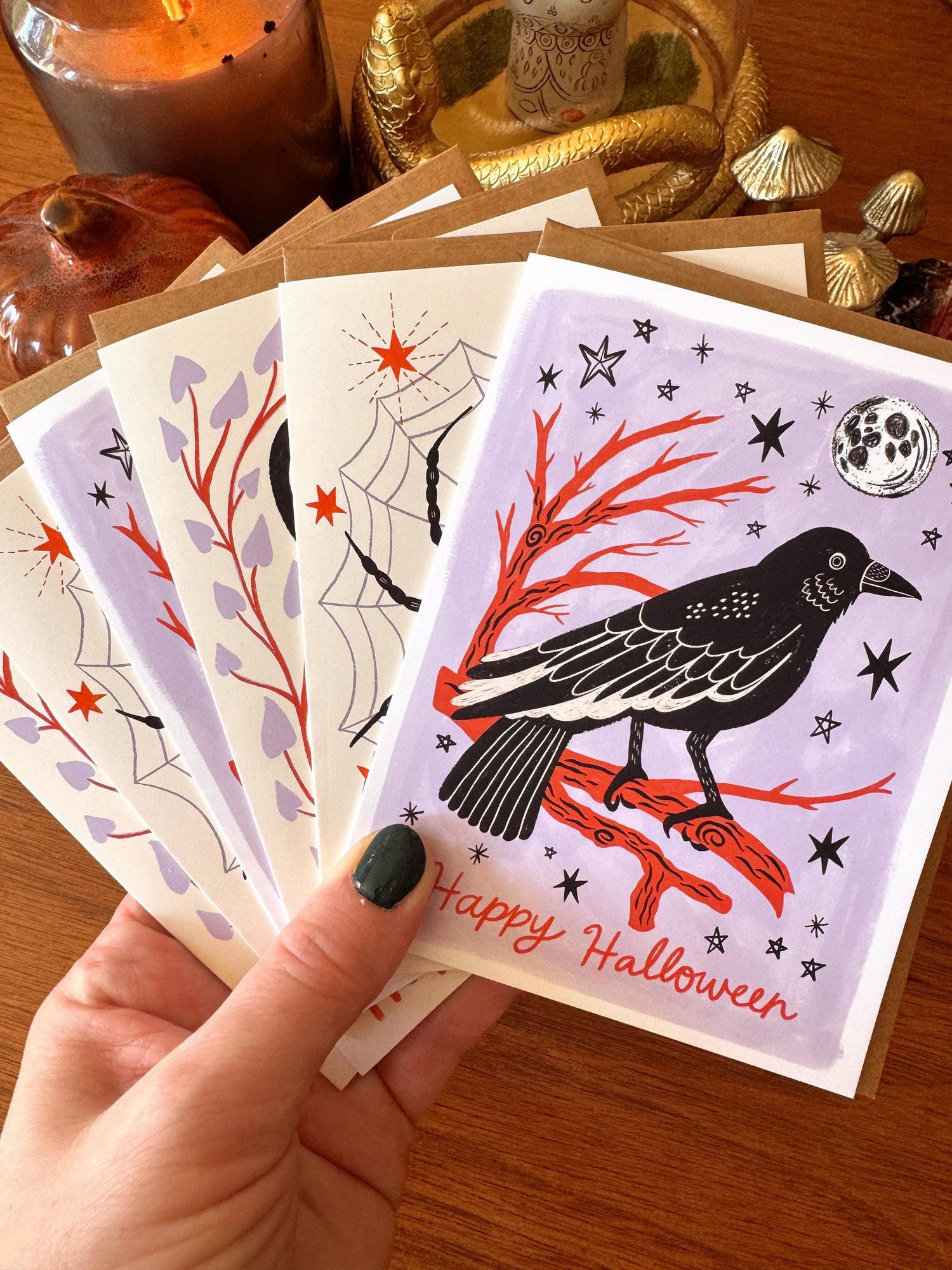 Halloween Card Set of 6, Assorted Spooky Greeting Cards, Black Cat Raven Spider Cards