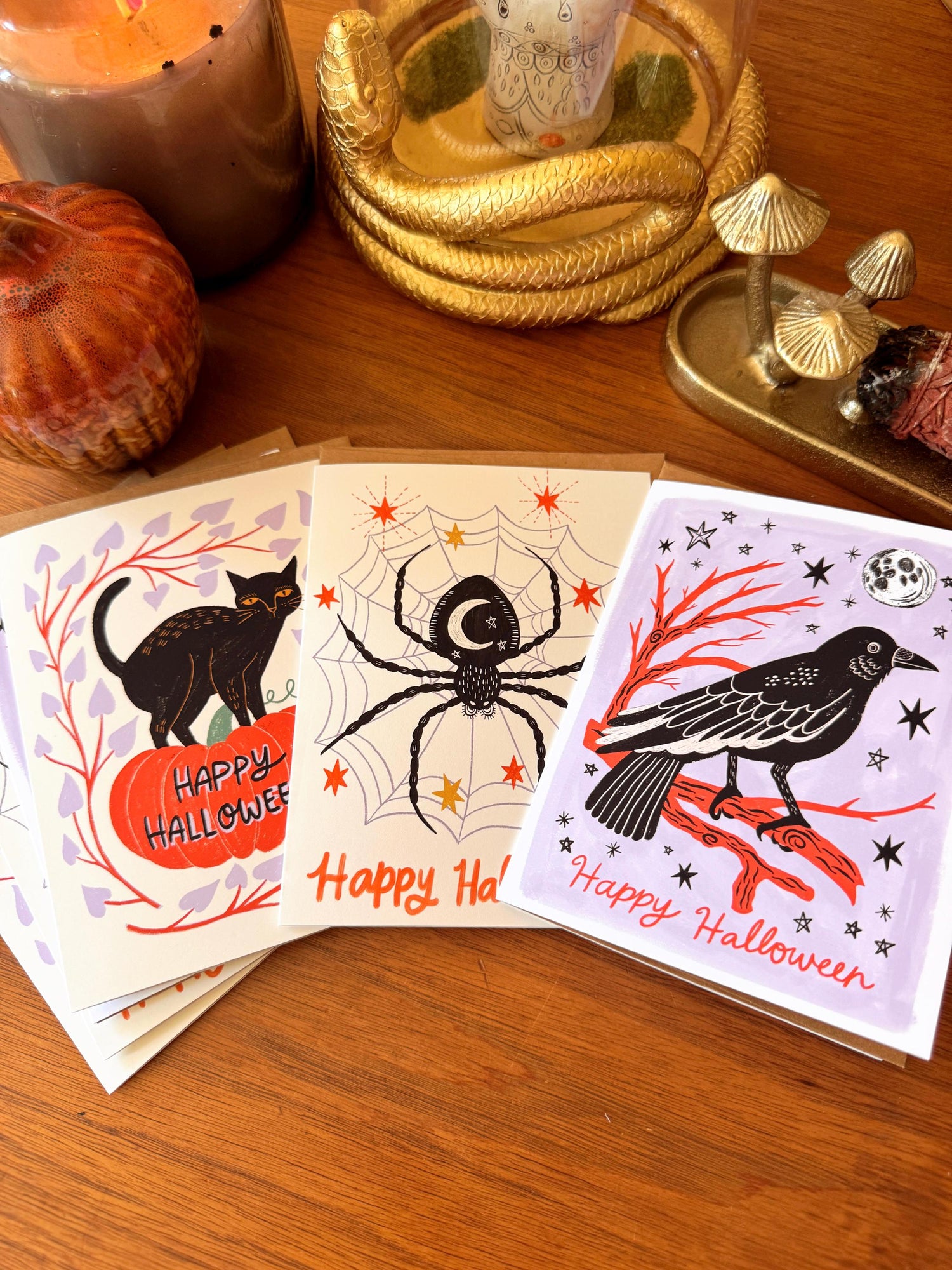 Halloween Card Set of 6, Assorted Spooky Greeting Cards, Black Cat Raven Spider Cards