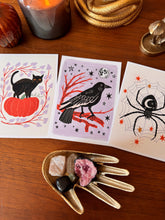Halloween Art Print Set of 3, 5x7 Gothic Wall Art, Black Cat Raven Spider Decor