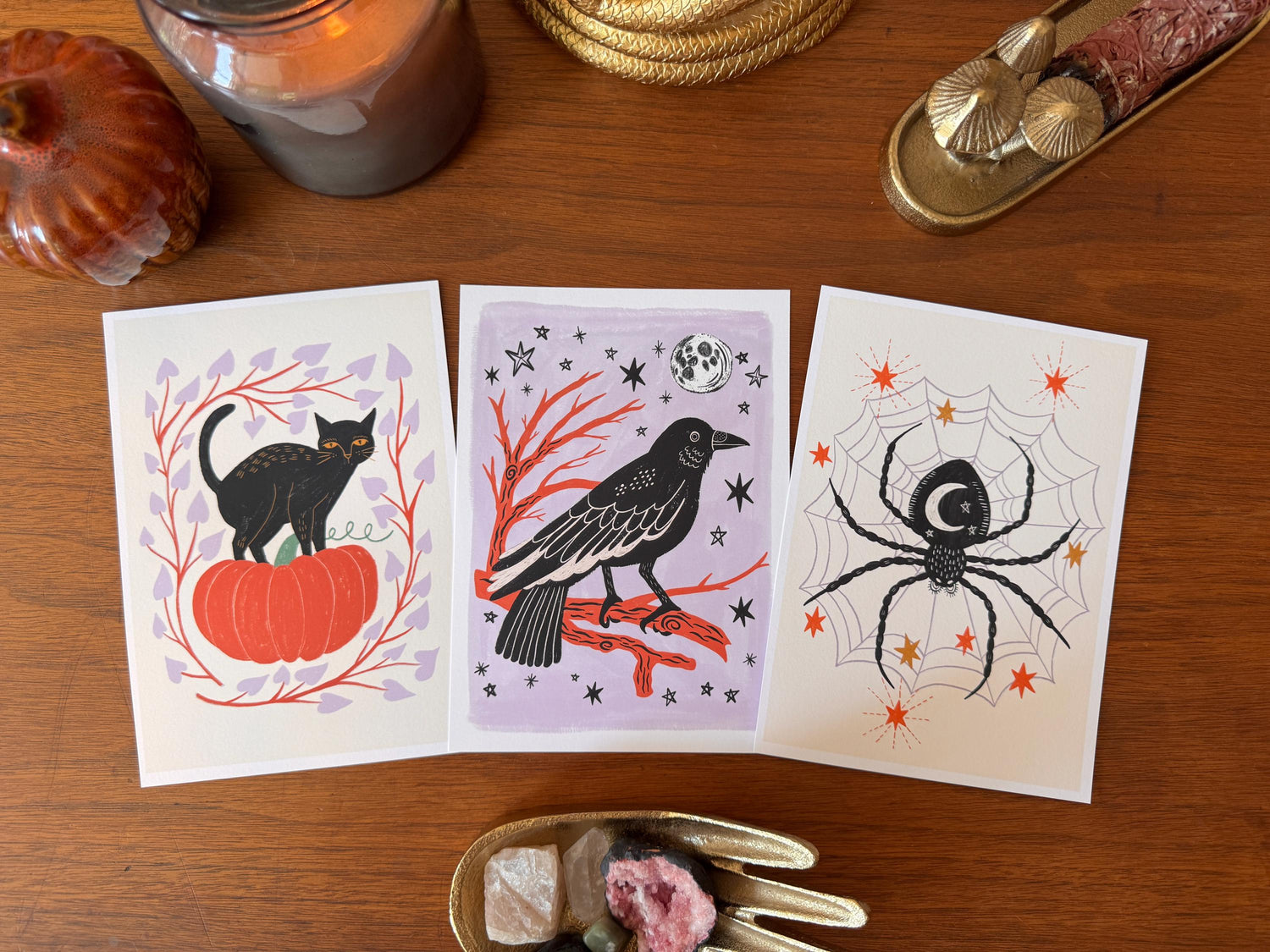 Halloween Art Print Set of 3, 5x7 Gothic Wall Art, Black Cat Raven Spider Decor