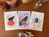 Halloween Art Print Set of 3, 5x7 Gothic Wall Art, Black Cat Raven Spider Decor