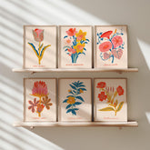 Botanical Print Set of 6, Wildflower Gallery Wall, Folk Art Botanical Prints, Cottagecore Wall Decor