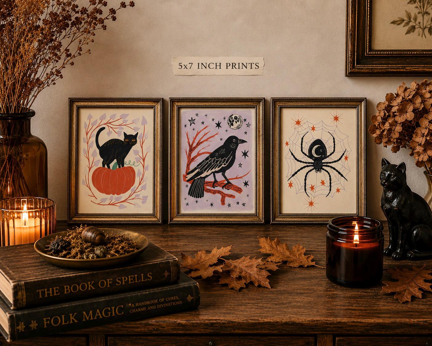 Halloween Art Print Set of 3, 5x7 Gothic Wall Art, Black Cat Raven Spider Decor