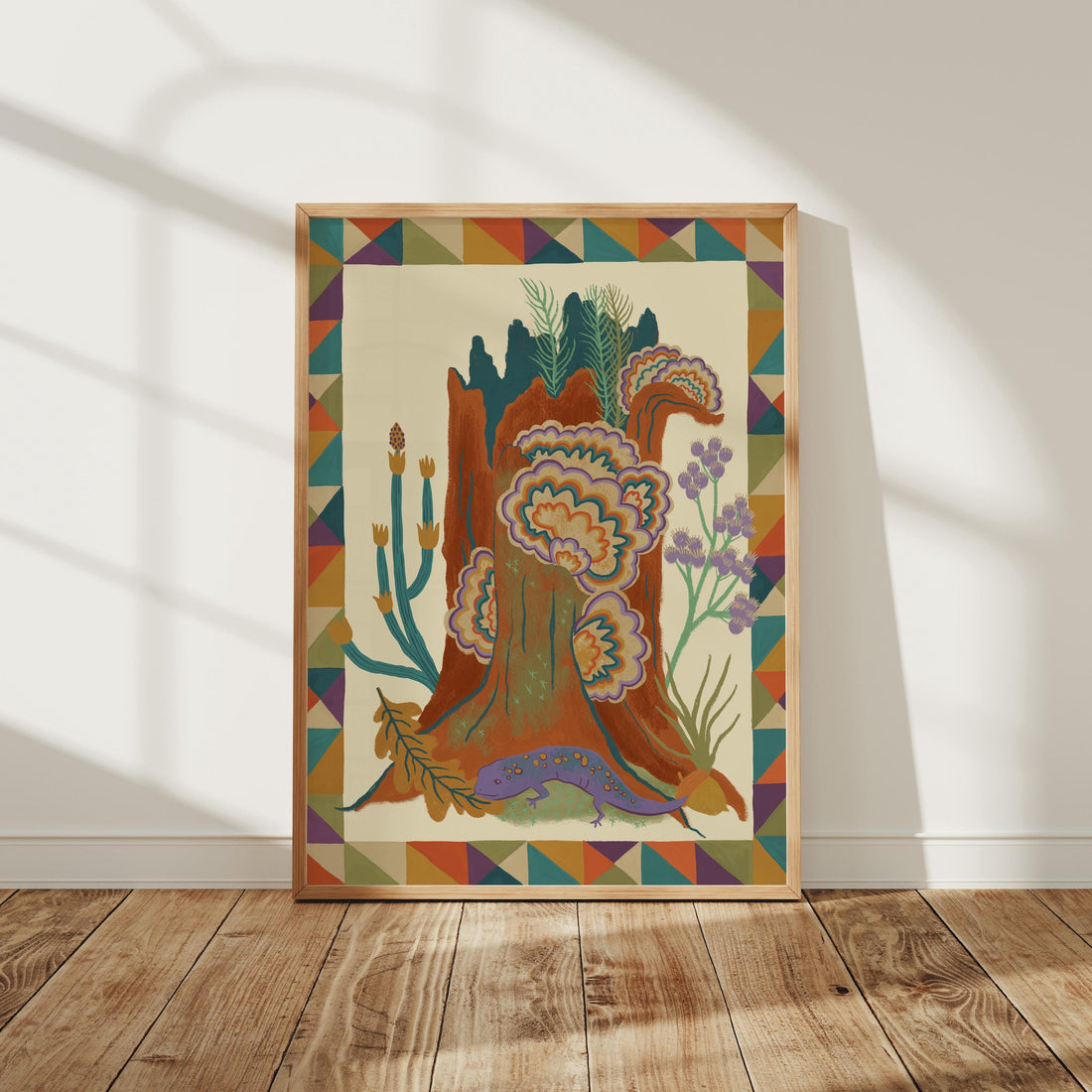 Salamander Art Print, Turkey Tail Mushroom Wall Art, Colorful Forest Folk Art Decor
