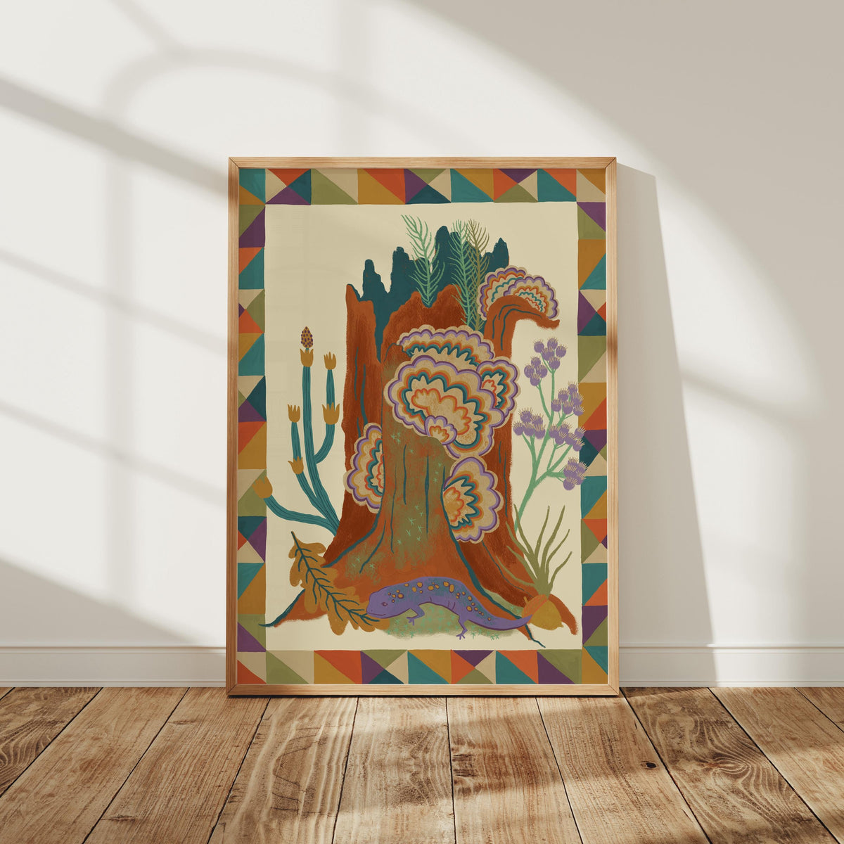 Salamander Art Print, Turkey Tail Mushroom Wall Art, Colorful Forest Folk Art Decor