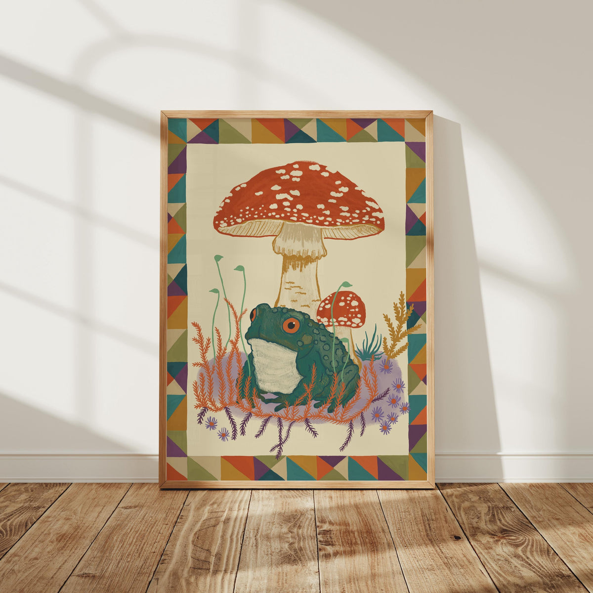 Amanita Mushroom Art Print, Toad Wall Art, Colorful Woodland Folk Art Decor