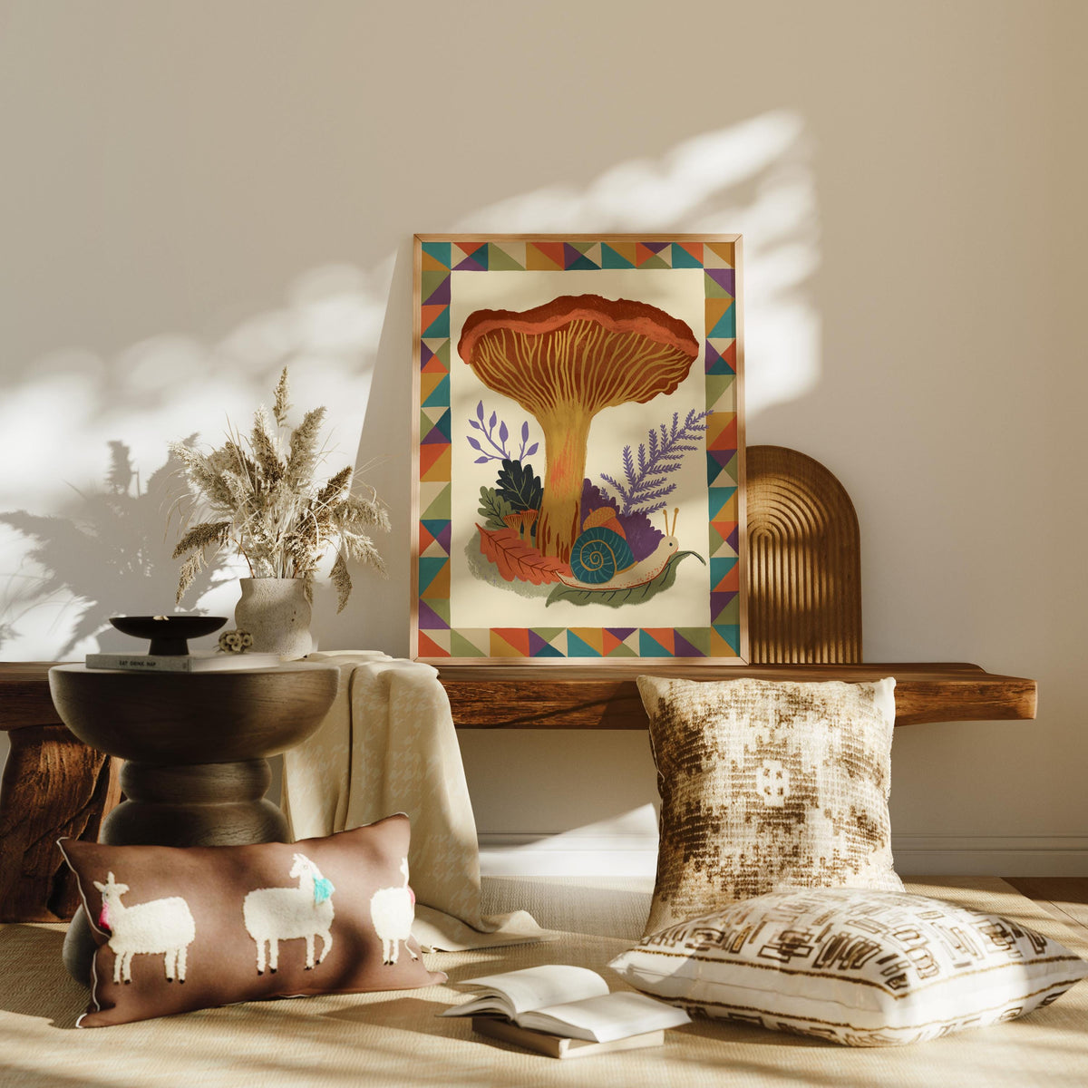 Chanterelle Mushroom Art Print, Snail Wall Art, Colorful Forest Folk Art