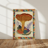 Chanterelle Mushroom Art Print, Snail Wall Art, Colorful Forest Folk Art