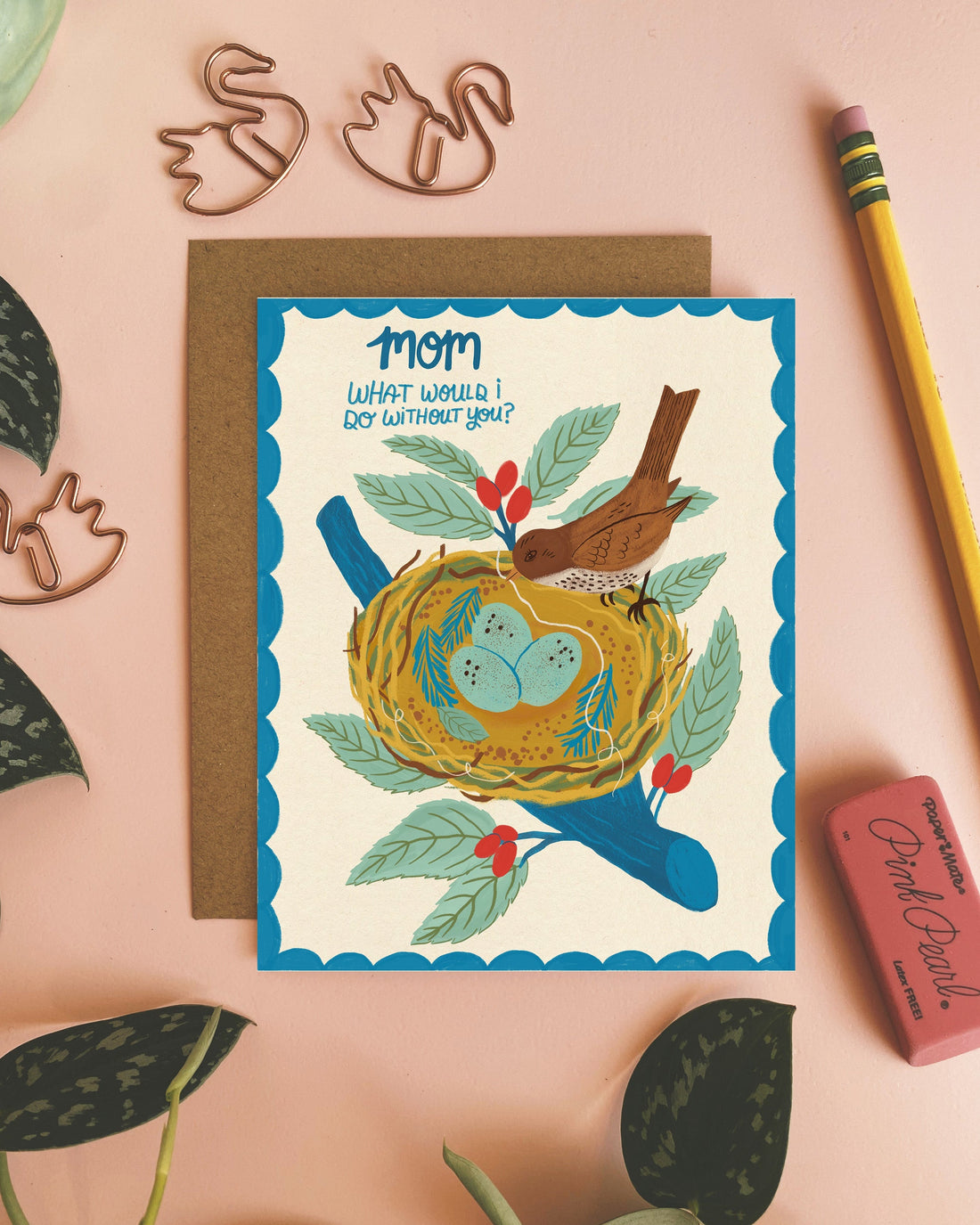 Greeting card with bird and nest illustration on a pink background with decorative elements.