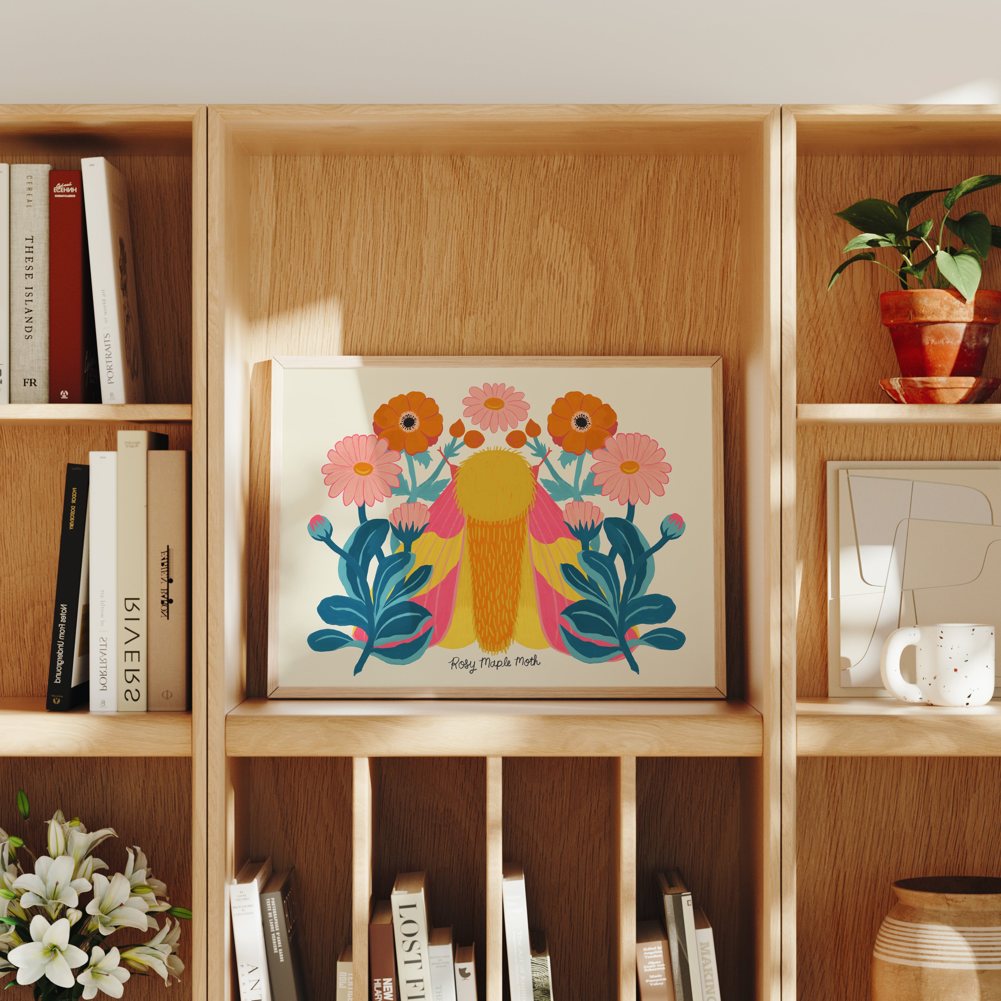 Rosy Maple Moth | Daisies and Anemones - Art Print