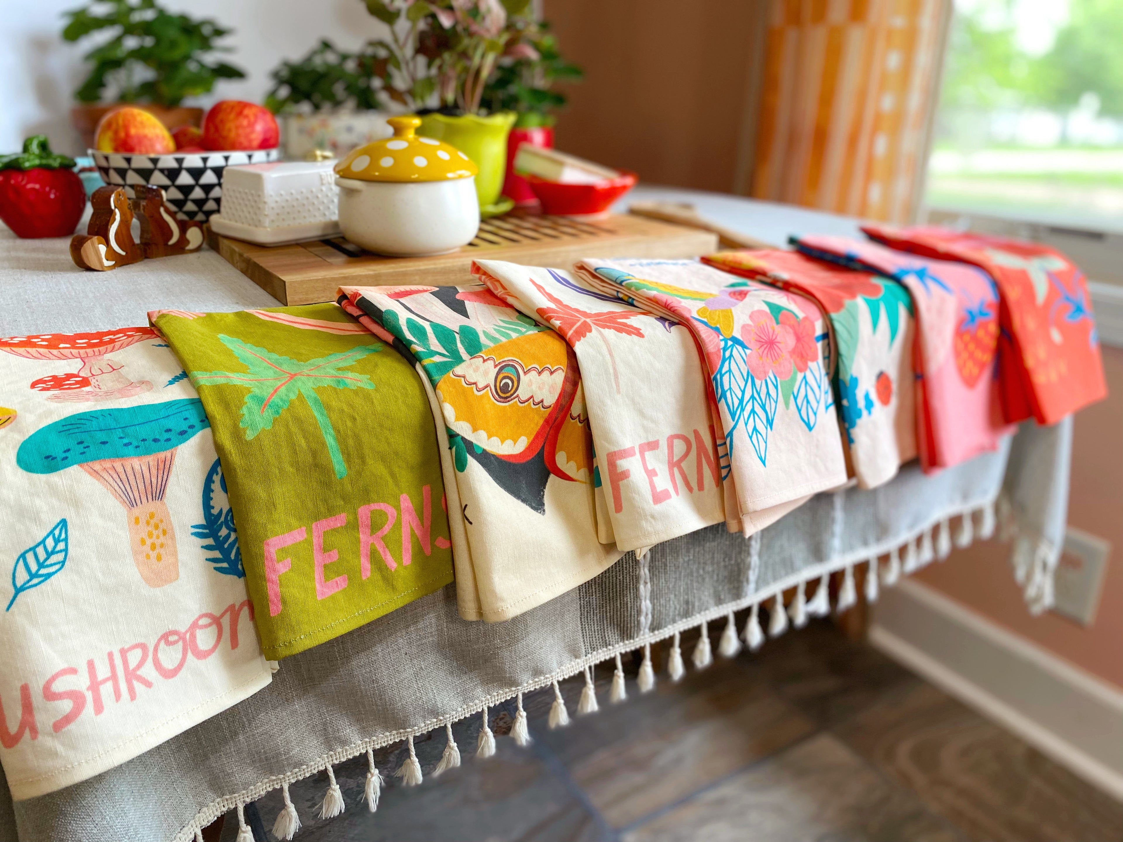 Pink &amp; Green Ferns Tea Towel